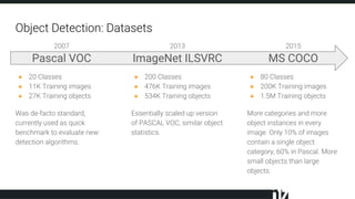 Object Detection: Datasets
2007
Pascal VOC
● 20 Classes
● 11K Training images
● 27K Training objects
Was de-facto standard,
currently used as quick
benchmark to evaluate new
detection algorithms.
2013
ImageNet ILSVRC
● 200 Classes
● 476K Training images
● 534K Training objects
Essentially scaled up version
of PASCAL VOC, similar object
statistics.
2015
MS COCO
● 80 Classes
● 200K Training images
● 1.5M Training objects
More categories and more
object instances in every
image. Only 10% of images
contain a single object
category, 60% in Pascal. More
small objects than large
objects.
 