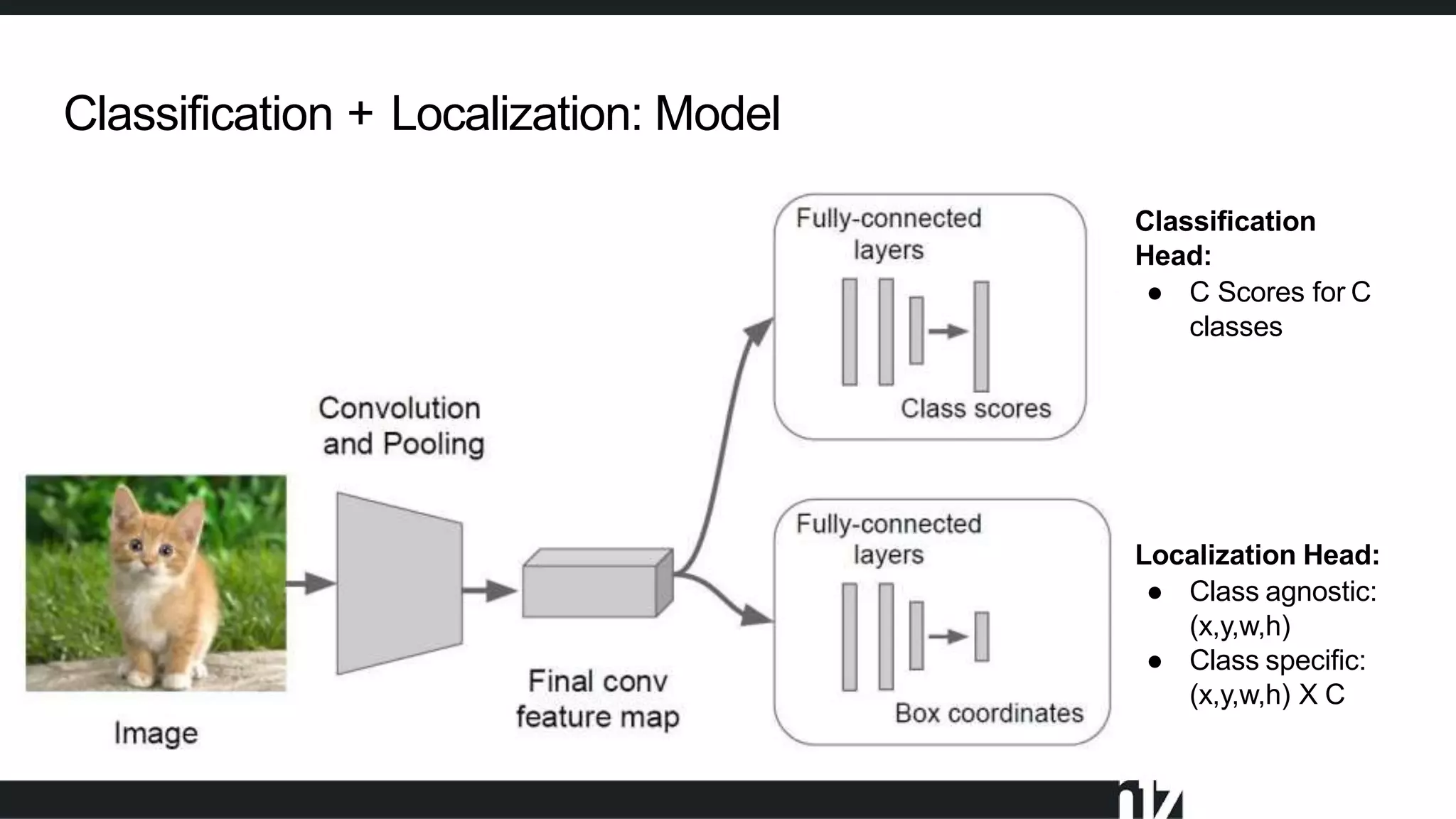 Classification + Localization: Model
Classification
Head:
● C Scores for C
classes
Localization Head:
● Class agnostic:
(x,y,w,h)
● Class specific:
(x,y,w,h) X C
 