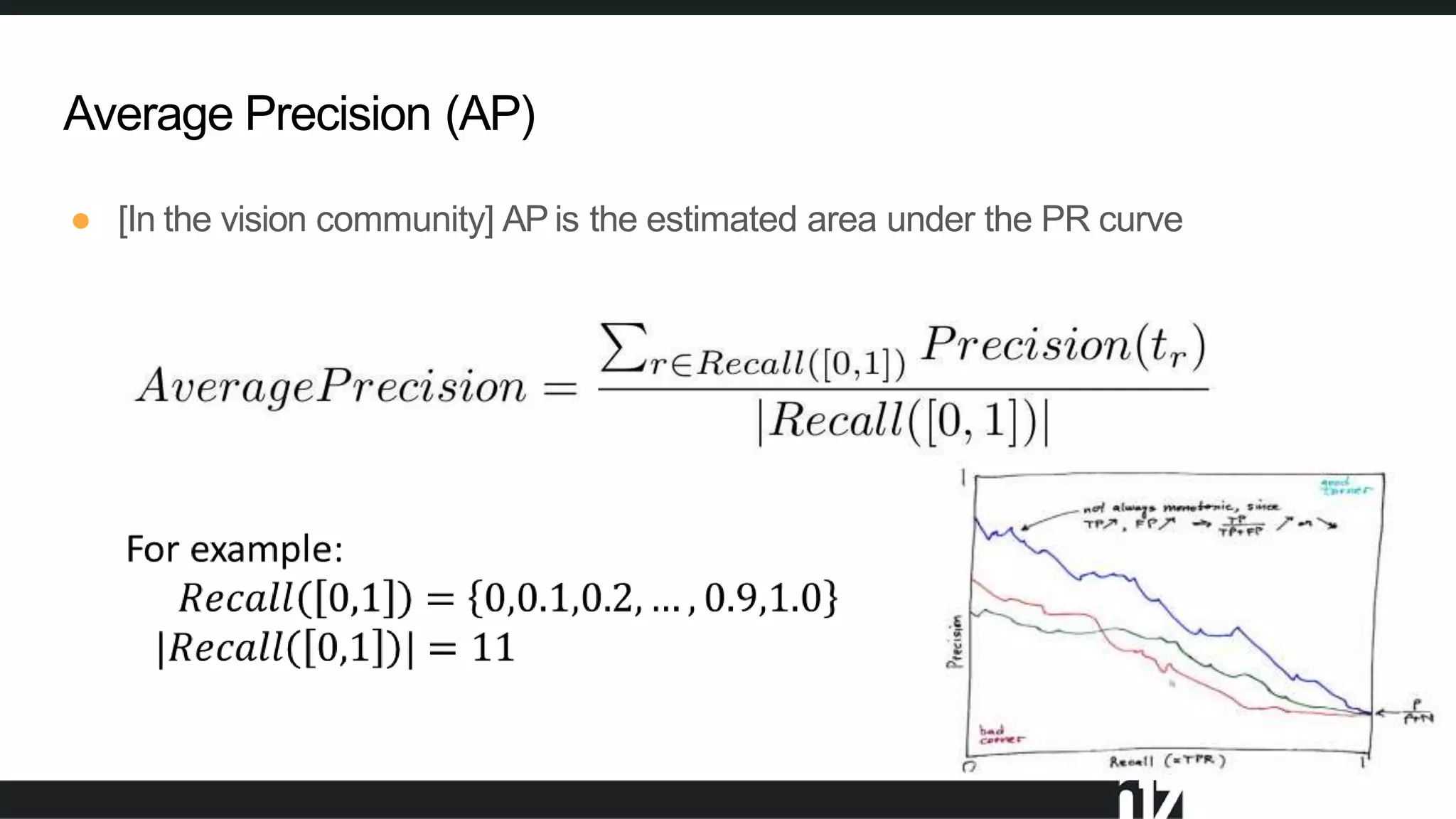 Average Precision (AP)
● [In the vision community] AP is the estimated area under the PR curve
 