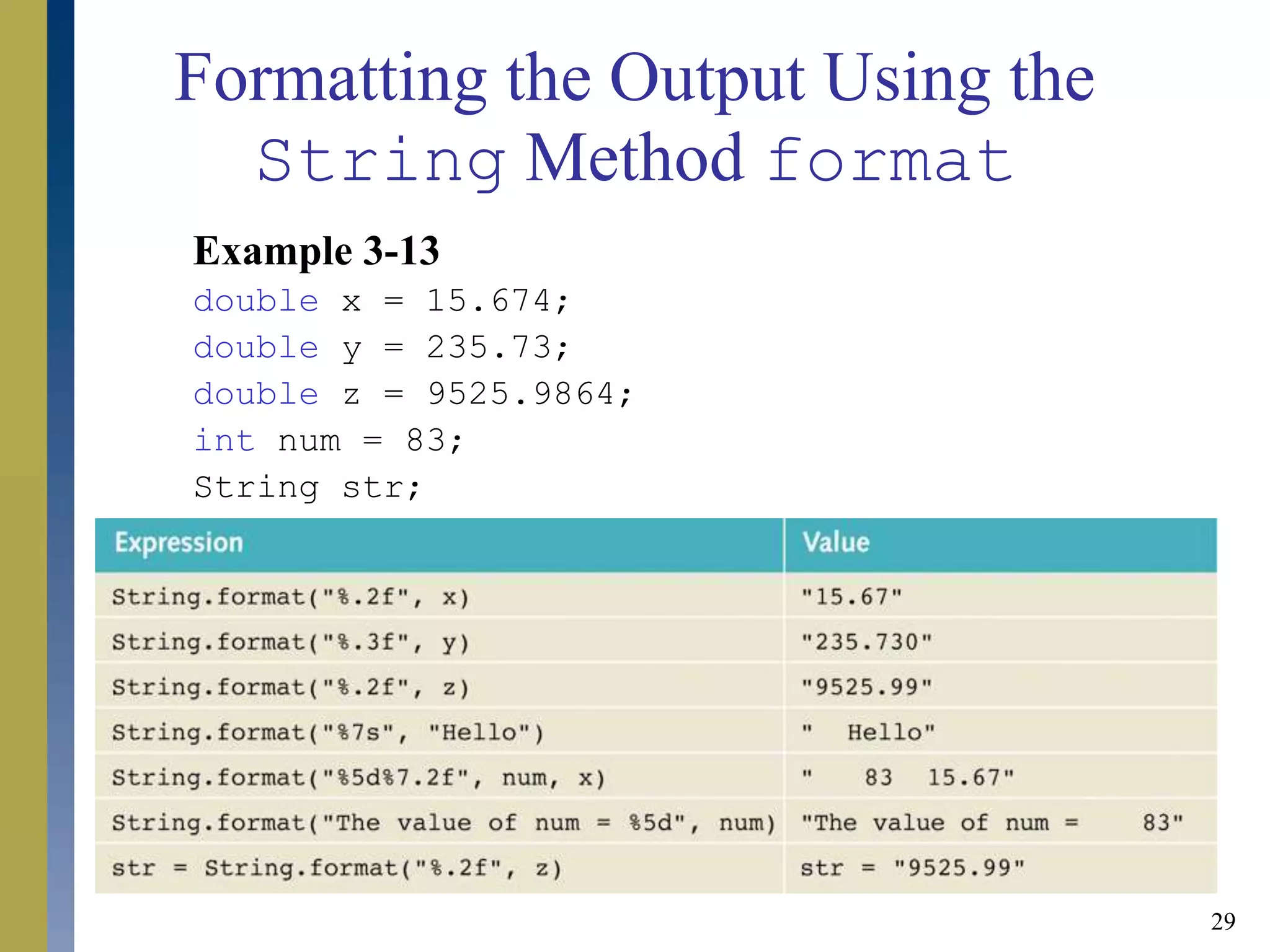 29
Formatting the Output Using the
String Method format
Example 3-13
double x = 15.674;
double y = 235.73;
double z = 9525.9864;
int num = 83;
String str;
 
