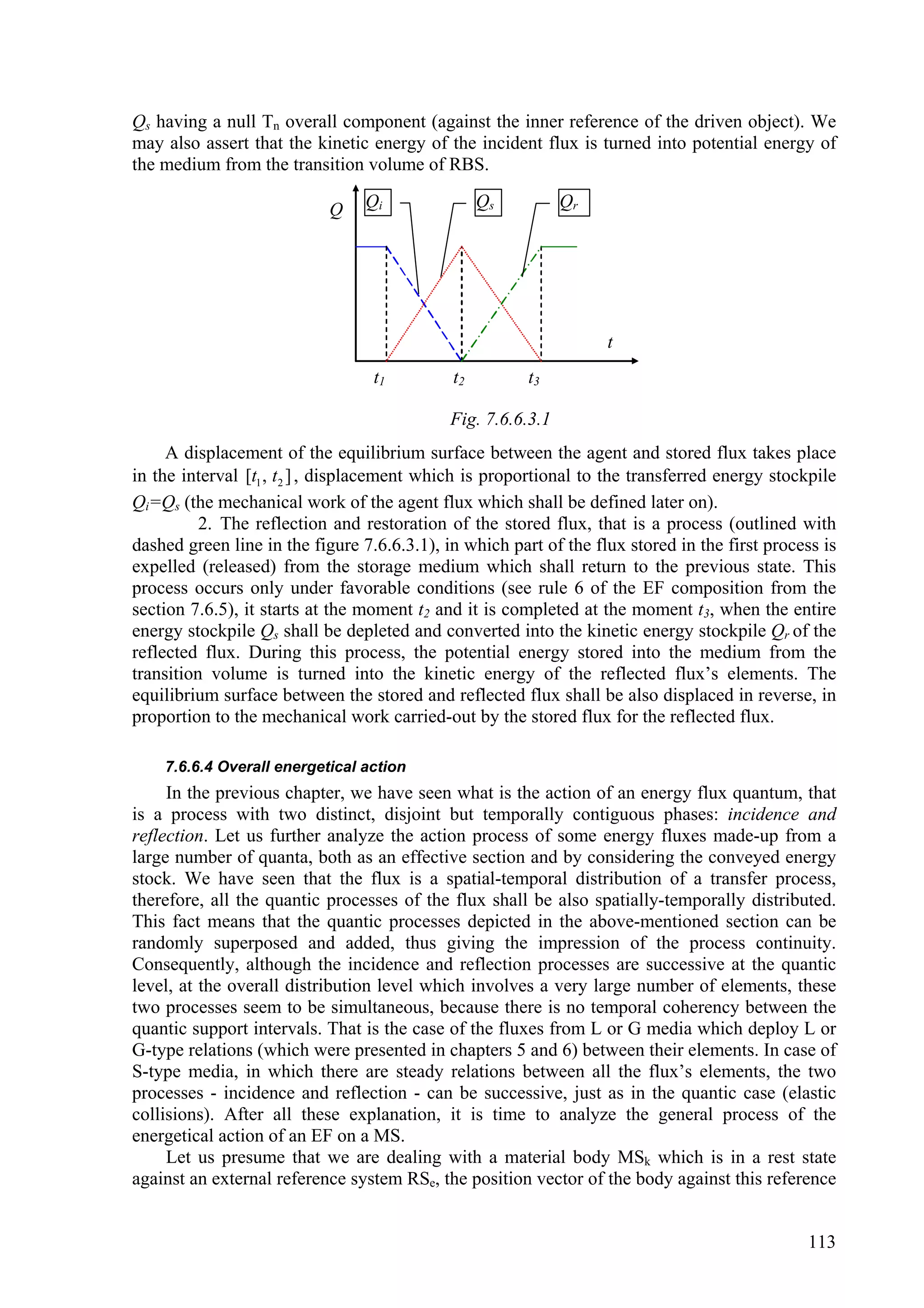 Qs having a null Tn overall component (against the inner reference of the driven object). We
may also assert that the kinetic energy of the incident flux is turned into potential energy of
the medium from the transition volume of RBS.

                            Q    Qi               Qs          Qr




                                                                   t
                                  t1         t2         t3

                                             Fig. 7.6.6.3.1
     A displacement of the equilibrium surface between the agent and stored flux takes place
in the interval [t1 , t2 ] , displacement which is proportional to the transferred energy stockpile
Qi=Qs (the mechanical work of the agent flux which shall be defined later on).
          2. The reflection and restoration of the stored flux, that is a process (outlined with
dashed green line in the figure 7.6.6.3.1), in which part of the flux stored in the first process is
expelled (released) from the storage medium which shall return to the previous state. This
process occurs only under favorable conditions (see rule 6 of the EF composition from the
section 7.6.5), it starts at the moment t2 and it is completed at the moment t3, when the entire
energy stockpile Qs shall be depleted and converted into the kinetic energy stockpile Qr of the
reflected flux. During this process, the potential energy stored into the medium from the
transition volume is turned into the kinetic energy of the reflected flux’s elements. The
equilibrium surface between the stored and reflected flux shall be also displaced in reverse, in
proportion to the mechanical work carried-out by the stored flux for the reflected flux.

    7.6.6.4 Overall energetical action
     In the previous chapter, we have seen what is the action of an energy flux quantum, that
is a process with two distinct, disjoint but temporally contiguous phases: incidence and
reflection. Let us further analyze the action process of some energy fluxes made-up from a
large number of quanta, both as an effective section and by considering the conveyed energy
stock. We have seen that the flux is a spatial-temporal distribution of a transfer process,
therefore, all the quantic processes of the flux shall be also spatially-temporally distributed.
This fact means that the quantic processes depicted in the above-mentioned section can be
randomly superposed and added, thus giving the impression of the process continuity.
Consequently, although the incidence and reflection processes are successive at the quantic
level, at the overall distribution level which involves a very large number of elements, these
two processes seem to be simultaneous, because there is no temporal coherency between the
quantic support intervals. That is the case of the fluxes from L or G media which deploy L or
G-type relations (which were presented in chapters 5 and 6) between their elements. In case of
S-type media, in which there are steady relations between all the flux’s elements, the two
processes - incidence and reflection - can be successive, just as in the quantic case (elastic
collisions). After all these explanation, it is time to analyze the general process of the
energetical action of an EF on a MS.
     Let us presume that we are dealing with a material body MSk which is in a rest state
against an external reference system RSe, the position vector of the body against this reference


                                                                                               113
 