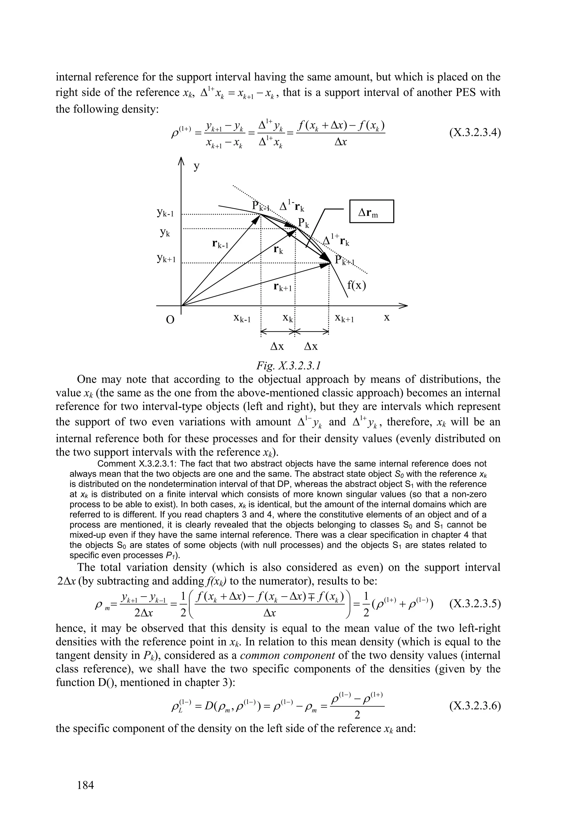 internal reference for the support interval having the same amount, but which is placed on the
right side of the reference xk, 1 xk  xk 1  xk , that is a support interval of another PES with
the following density:
                                   y y        1 y      f ( xk  x)  f ( xk )
                           (1 )  k 1 k  1 k                                        (X.3.2.3.4)
                                   xk 1  xk  xk                  x

                                   y


                                                        P k-1  1-r k
                         yk-1                                                       rm
                                                                   Pk
                          yk
                                        r k-1                             1+ rk
                                                            rk
                         yk+1                                               P k+1

                                                            r k+1              f(x)

                            O                   x k-1         xk            x k+1         x

                                                            x      x
                                           Fig. X.3.2.3.1
     One may note that according to the objectual approach by means of distributions, the
value xk (the same as the one from the above-mentioned classic approach) becomes an internal
reference for two interval-type objects (left and right), but they are intervals which represent
the support of two even variations with amount 1 yk and 1 yk , therefore, xk will be an
internal reference both for these processes and for their density values (evenly distributed on
the two support intervals with the reference xk).
            Comment X.3.2.3.1: The fact that two abstract objects have the same internal reference does not
   always mean that the two objects are one and the same. The abstract state object S0 with the reference xk
   is distributed on the nondetermination interval of that DP, whereas the abstract object S1 with the reference
   at xk is distributed on a finite interval which consists of more known singular values (so that a non-zero
   process to be able to exist). In both cases, xk is identical, but the amount of the internal domains which are
   referred to is different. If you read chapters 3 and 4, where the constitutive elements of an object and of a
   process are mentioned, it is clearly revealed that the objects belonging to classes S0 and S1 cannot be
   mixed-up even if they have the same internal reference. There was a clear specification in chapter 4 that
   the objects S0 are states of some objects (with null processes) and the objects S1 are states related to
   specific even processes P1).
     The total variation density (which is also considered as even) on the support interval
 2x (by subtracting and adding f(xk) to the numerator), results to be:
               y y         1  f ( xk  x)  f ( xk  x)  f ( xk )  1 (1 )
          m  k 1 k 1                                                    (    ) (X.3.2.3.5)
                                                                                          (1 )

                  2x       2                        x                         2
hence, it may be observed that this density is equal to the mean value of the two left-right
densities with the reference point in xk. In relation to this mean density (which is equal to the
tangent density in Pk), considered as a common component of the two density values (internal
class reference), we shall have the two specific components of the densities (given by the
function D(), mentioned in chapter 3):
                                                                         (1 )   (1 )
                          L  )  D(  m ,  (1 ) )   (1 )   m 
                           (1
                                                                                                (X.3.2.3.6)
                                                                                2
the specific component of the density on the left side of the reference xk and:



     184
 