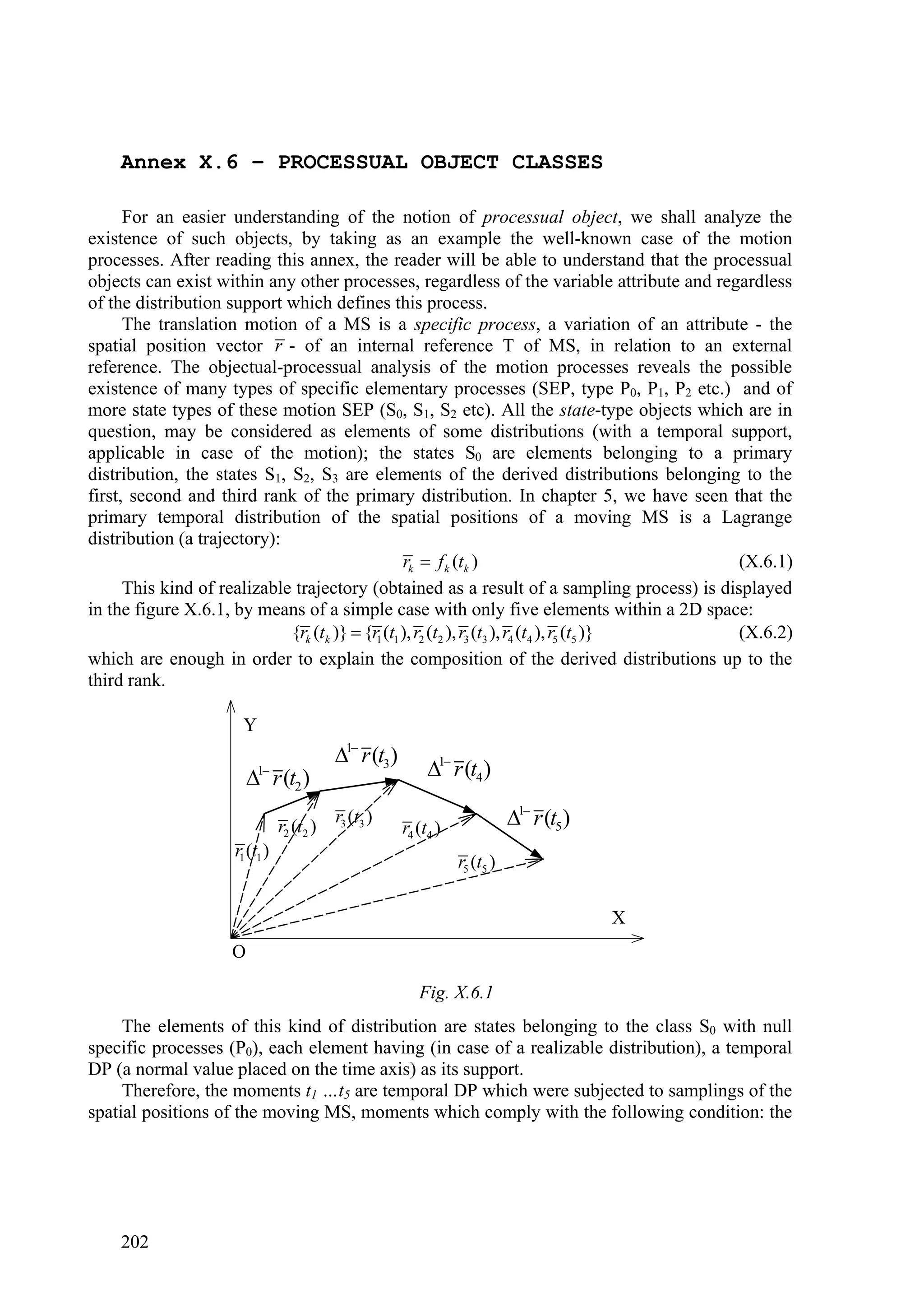 Annex X.6 – PROCESSUAL OBJECT CLASSES

      For an easier understanding of the notion of processual object, we shall analyze the
existence of such objects, by taking as an example the well-known case of the motion
processes. After reading this annex, the reader will be able to understand that the processual
objects can exist within any other processes, regardless of the variable attribute and regardless
of the distribution support which defines this process.
      The translation motion of a MS is a specific process, a variation of an attribute - the
spatial position vector r - of an internal reference T of MS, in relation to an external
reference. The objectual-processual analysis of the motion processes reveals the possible
existence of many types of specific elementary processes (SEP, type P0, P1, P2 etc.) and of
more state types of these motion SEP (S0, S1, S2 etc). All the state-type objects which are in
question, may be considered as elements of some distributions (with a temporal support,
applicable in case of the motion); the states S0 are elements belonging to a primary
distribution, the states S1, S2, S3 are elements of the derived distributions belonging to the
first, second and third rank of the primary distribution. In chapter 5, we have seen that the
primary temporal distribution of the spatial positions of a moving MS is a Lagrange
distribution (a trajectory):
                                                  rk  f k (tk )                             (X.6.1)
      This kind of realizable trajectory (obtained as a result of a sampling process) is displayed
in the figure X.6.1, by means of a simple case with only five elements within a 2D space:
                             {rk (tk )}  {r1 (t1 ), r2 (t2 ), r3 (t3 ), r4 (t4 ), r5 (t5 )} (X.6.2)
which are enough in order to explain the composition of the derived distributions up to the
third rank.

                      Y
                                          1 r (t3)
                          1
                         r (t2 )                           1 r (t4 )

                               r2 (t2 )
                                          r3 (t3 )
                                                       r4 (t4 )              1 r (t5 )
                    r1 (t1 )
                                                                  r5 (t5 )

                                                                                           X
                    O

                                                          Fig. X.6.1
     The elements of this kind of distribution are states belonging to the class S0 with null
specific processes (P0), each element having (in case of a realizable distribution), a temporal
DP (a normal value placed on the time axis) as its support.
     Therefore, the moments t1 …t5 are temporal DP which were subjected to samplings of the
spatial positions of the moving MS, moments which comply with the following condition: the




    202
 