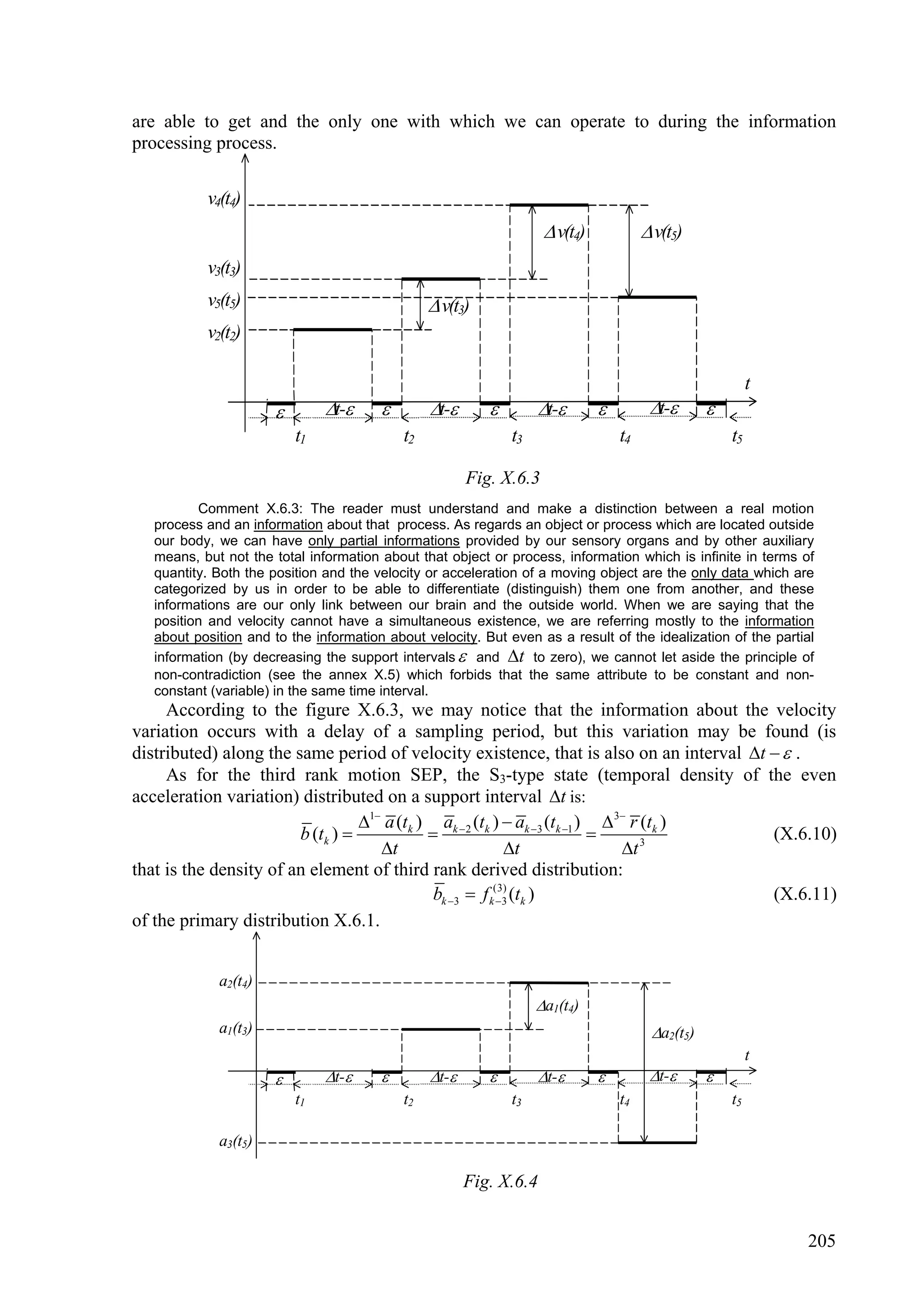 are able to get and the only one with which we can operate to during the information
processing process.

           v4(t4)
                                                                     v(t4)            v(t5)
           v3(t3)
           v5(t5)                                v(t3)
           v2(t2)

                                                                                                            t
                              t-             t-              t-                t-      
                          t1                t2                 t3                  t4                  t5

                                                        Fig. X.6.3
          Comment X.6.3: The reader must understand and make a distinction between a real motion
   process and an information about that process. As regards an object or process which are located outside
   our body, we can have only partial informations provided by our sensory organs and by other auxiliary
   means, but not the total information about that object or process, information which is infinite in terms of
   quantity. Both the position and the velocity or acceleration of a moving object are the only data which are
   categorized by us in order to be able to differentiate (distinguish) them one from another, and these
   informations are our only link between our brain and the outside world. When we are saying that the
   position and velocity cannot have a simultaneous existence, we are referring mostly to the information
   about position and to the information about velocity. But even as a result of the idealization of the partial
   information (by decreasing the support intervals  and t to zero), we cannot let aside the principle of
   non-contradiction (see the annex X.5) which forbids that the same attribute to be constant and non-
   constant (variable) in the same time interval.
     According to the figure X.6.3, we may notice that the information about the velocity
variation occurs with a delay of a sampling period, but this variation may be found (is
distributed) along the same period of velocity existence, that is also on an interval t   .
     As for the third rank motion SEP, the S3-type state (temporal density of the even
acceleration variation) distributed on a support interval t is:
                                  1 a (tk ) ak  2 (tk )  ak 3 (tk 1 )  3 r (tk )
                        b (tk )                                                       (X.6.10)
                                     t                    t                  t 3
that is the density of an element of third rank derived distribution:
                                              bk 3  f k(3) (tk )
                                                          3                             (X.6.11)
of the primary distribution X.6.1.


             a2(t4)
                                                                    a1(t4)
             a1(t3)                                                                      a2(t5)
                                                                                                            t
                              t-             t-              t-                t-      
                          t1                t2                 t3                  t4                  t5

             a3(t5)

                                                        Fig. X.6.4


                                                                                                                205
 