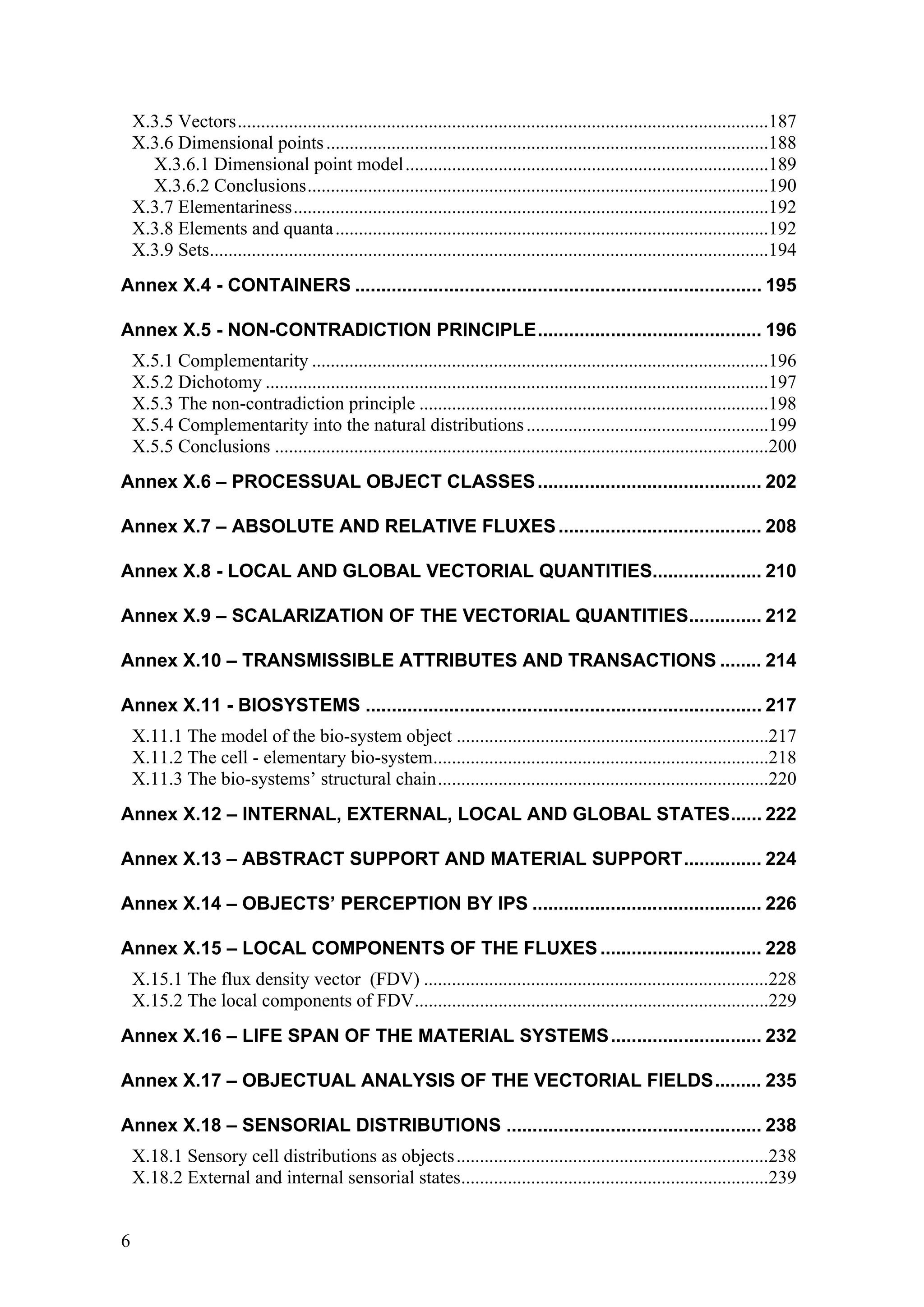 X.3.5 Vectors..................................................................................................................187
    X.3.6 Dimensional points ...............................................................................................188
      X.3.6.1 Dimensional point model..............................................................................189
      X.3.6.2 Conclusions...................................................................................................190
    X.3.7 Elementariness......................................................................................................192
    X.3.8 Elements and quanta .............................................................................................192
    X.3.9 Sets........................................................................................................................194
Annex X.4 - CONTAINERS .............................................................................. 195

Annex X.5 - NON-CONTRADICTION PRINCIPLE........................................... 196
    X.5.1 Complementarity ..................................................................................................196
    X.5.2 Dichotomy ............................................................................................................197
    X.5.3 The non-contradiction principle ...........................................................................198
    X.5.4 Complementarity into the natural distributions ....................................................199
    X.5.5 Conclusions ..........................................................................................................200
Annex X.6 – PROCESSUAL OBJECT CLASSES ........................................... 202

Annex X.7 – ABSOLUTE AND RELATIVE FLUXES ....................................... 208

Annex X.8 - LOCAL AND GLOBAL VECTORIAL QUANTITIES..................... 210

Annex X.9 – SCALARIZATION OF THE VECTORIAL QUANTITIES.............. 212

Annex X.10 – TRANSMISSIBLE ATTRIBUTES AND TRANSACTIONS ........ 214

Annex X.11 - BIOSYSTEMS ............................................................................ 217
    X.11.1 The model of the bio-system object ...................................................................217
    X.11.2 The cell - elementary bio-system........................................................................218
    X.11.3 The bio-systems’ structural chain.......................................................................220
Annex X.12 – INTERNAL, EXTERNAL, LOCAL AND GLOBAL STATES...... 222

Annex X.13 – ABSTRACT SUPPORT AND MATERIAL SUPPORT............... 224

Annex X.14 – OBJECTS’ PERCEPTION BY IPS ............................................ 226

Annex X.15 – LOCAL COMPONENTS OF THE FLUXES ............................... 228
    X.15.1 The flux density vector (FDV) ..........................................................................228
    X.15.2 The local components of FDV............................................................................229
Annex X.16 – LIFE SPAN OF THE MATERIAL SYSTEMS............................. 232

Annex X.17 – OBJECTUAL ANALYSIS OF THE VECTORIAL FIELDS......... 235

Annex X.18 – SENSORIAL DISTRIBUTIONS ................................................. 238
    X.18.1 Sensory cell distributions as objects ...................................................................238
    X.18.2 External and internal sensorial states..................................................................239


6
 