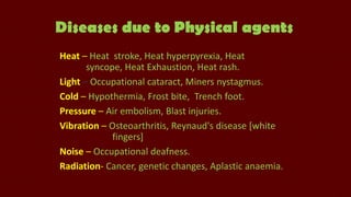 Diseases due to Physical agents
Heat – Heat stroke, Heat hyperpyrexia, Heat
syncope, Heat Exhaustion, Heat rash.
Light – Occupational cataract, Miners nystagmus.
Cold – Hypothermia, Frost bite, Trench foot.
Pressure – Air embolism, Blast injuries.
Vibration – Osteoarthritis, Reynaud's disease [white
fingers]
Noise – Occupational deafness.
Radiation- Cancer, genetic changes, Aplastic anaemia.

 