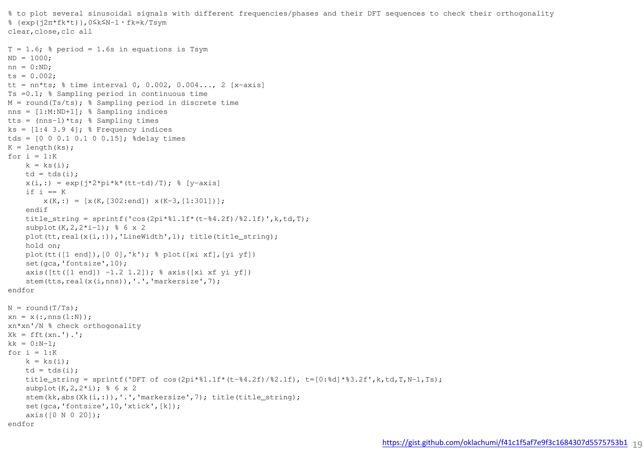 19
% to plot several sinusoidal signals with different frequencies/phases and their DFT sequences to check their orthogonality
% {exp(j2π*fk*t)},0≤k≤N-1，fk=k/Tsym
clear,close,clc all
T = 1.6; % period = 1.6s in equations is Tsym
ND = 1000;
nn = 0:ND;
ts = 0.002;
tt = nn*ts; % time interval 0, 0.002, 0.004..., 2 [x-axis]
Ts =0.1; % Sampling period in continuous time
M = round(Ts/ts); % Sampling period in discrete time
nns = [1:M:ND+1]; % Sampling indices
tts = (nns-1)*ts; % Sampling times
ks = [1:4 3.9 4]; % Frequency indices
tds = [0 0 0.1 0.1 0 0.15]; %delay times
K = length(ks);
for i = 1:K
k = ks(i);
td = tds(i);
x(i,:) = exp(j*2*pi*k*(tt-td)/T); % [y-axis]
if i == K
x(K,:) = [x(K,[302:end]) x(K-3,[1:301])];
endif
title_string = sprintf('cos(2pi*%1.1f*(t-%4.2f)/%2.1f)',k,td,T);
subplot(K,2,2*i-1); % 6 x 2
plot(tt,real(x(i,:)),'LineWidth',1); title(title_string);
hold on;
plot(tt([1 end]),[0 0],'k'); % plot([xi xf],[yi yf])
set(gca,'fontsize',10);
axis([tt([1 end]) -1.2 1.2]); % axis([xi xf yi yf])
stem(tts,real(x(i,nns)),'.','markersize',7);
endfor
N = round(T/Ts);
xn = x(:,nns(1:N));
xn*xn'/N % check orthogonality
Xk = fft(xn.').';
kk = 0:N-1;
for i = 1:K
k = ks(i);
td = tds(i);
title_string = sprintf('DFT of cos(2pi*%1.1f*(t-%4.2f)/%2.1f), t=[0:%d]*%3.2f',k,td,T,N-1,Ts);
subplot(K,2,2*i); % 6 x 2
stem(kk,abs(Xk(i,:)),'.','markersize',7); title(title_string);
set(gca,'fontsize',10,'xtick',[k]);
axis([0 N 0 20]);
endfor
https://gist.github.com/oklachumi/f41c1f5af7e9f3c1684307d5575753b1
 