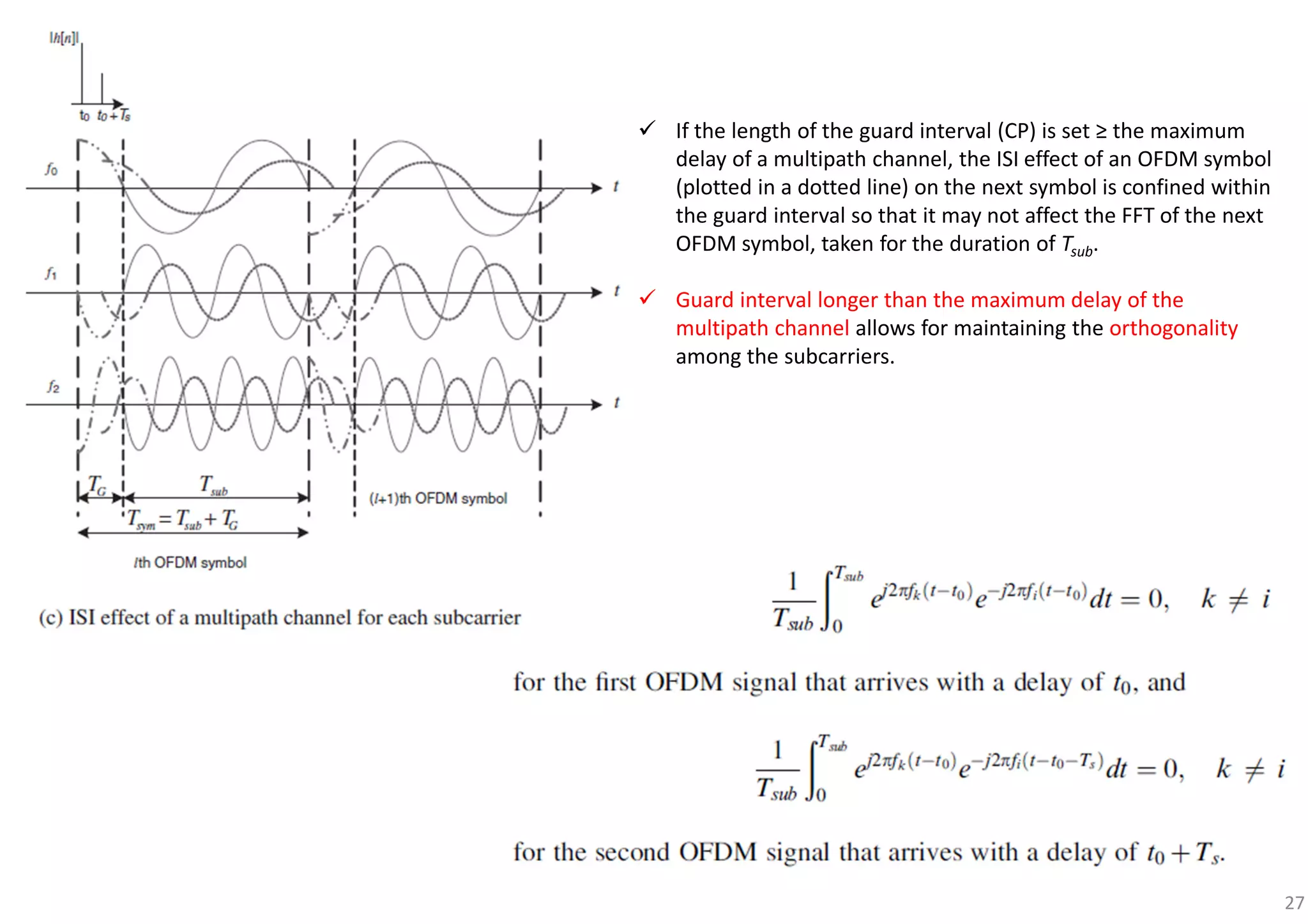 27
If the length of the guard interval (CP) is set ≥ the maximum
delay of a multipath channel, the ISI effect of an OFDM symbol
(plotted in a dotted line) on the next symbol is confined within
the guard interval so that it may not affect the FFT of the next
OFDM symbol, taken for the duration of Tsub.
Guard interval longer than the maximum delay of the
multipath channel allows for maintaining the orthogonality
among the subcarriers.
 
