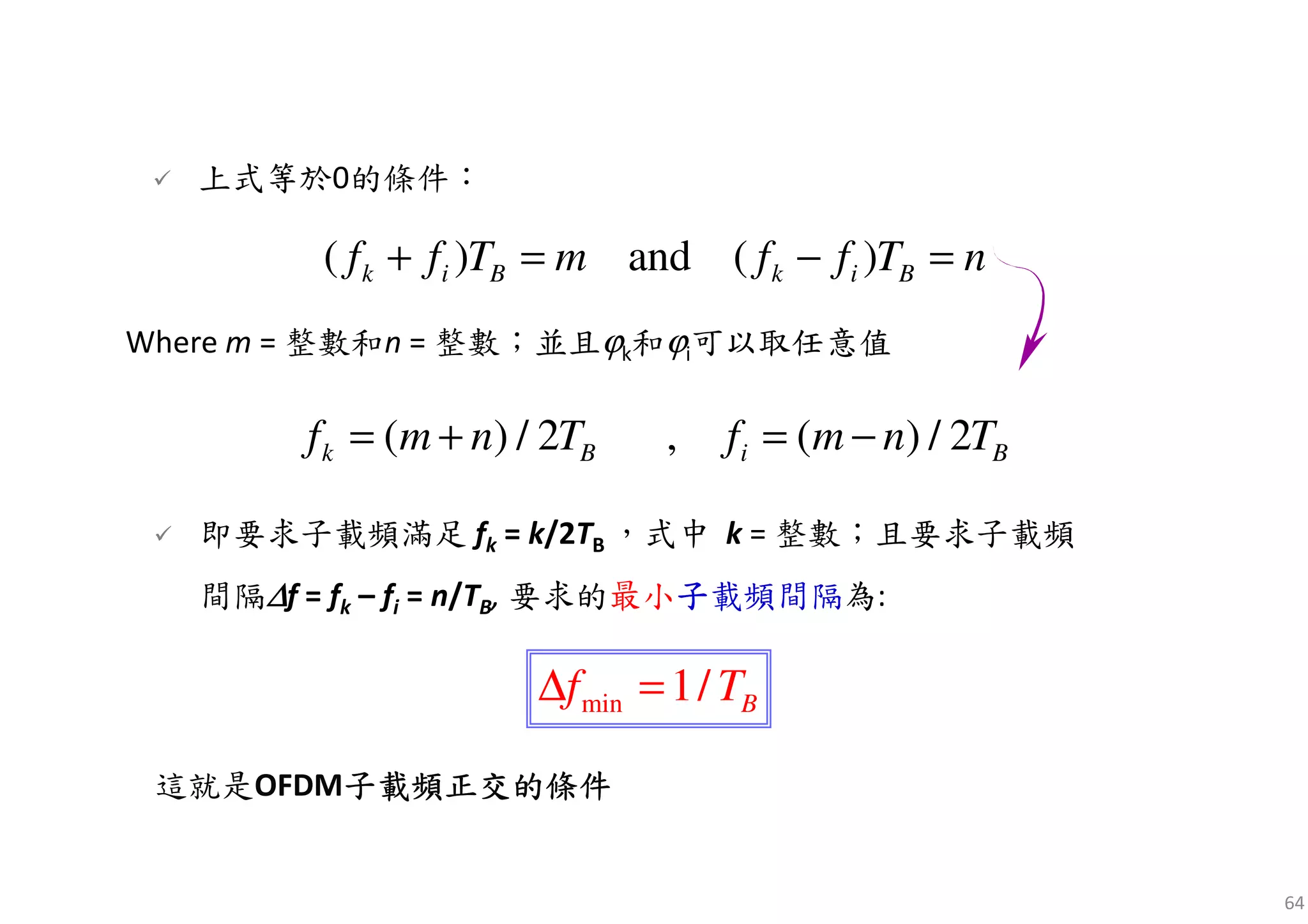64
( ) and ( )k i B k i Bf f T m f f T n+ = − =
Where m = 整數和n = 整數；並且ϕk和ϕi可以取任意值
( ) / 2 , ( ) / 2k B i Bf m n T f m n T= + = −
上式等於0的條件：
這就是OFDM子載頻正交的條件子載頻正交的條件子載頻正交的條件子載頻正交的條件
即要求子載頻滿足 fk = k/2TB ，式中 k = 整數；且要求子載頻
間隔∆∆∆∆f = fk – fi = n/TB, 要求的最小子子子子載頻間隔為:
min 1/ Bf T∆ =
 