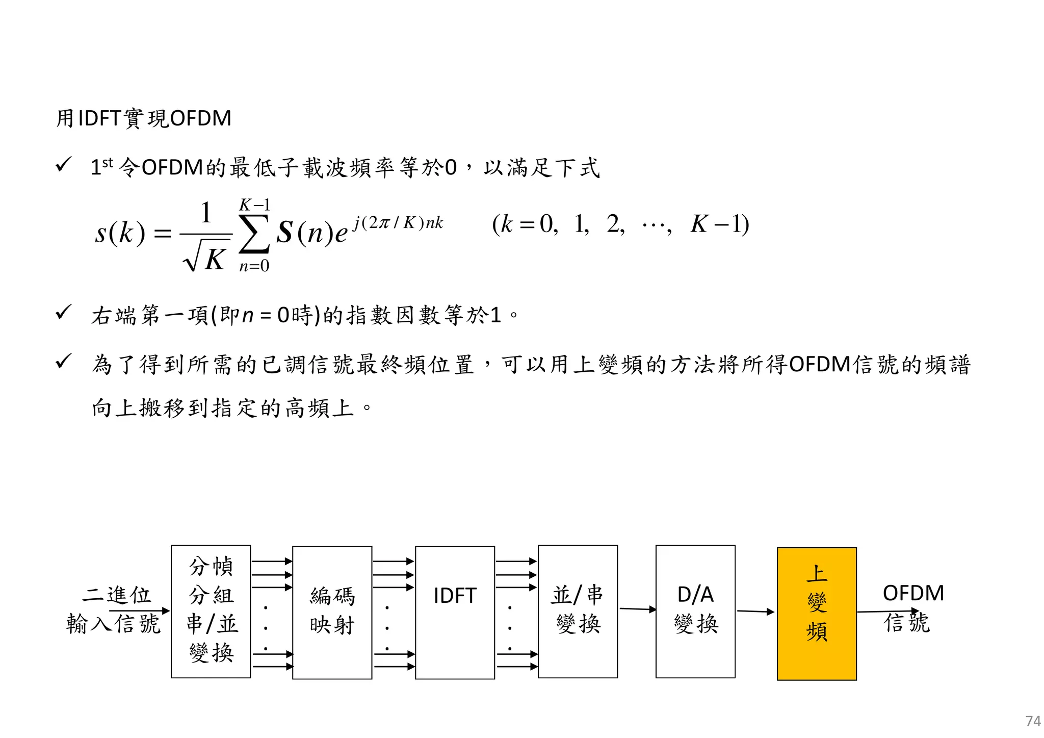74
用IDFT實現OFDM
1st 令OFDM的最低子載波頻率等於0，以滿足下式
右端第一項(即n = 0時)的指數因數等於1。
為了得到所需的已調信號最終頻位置，可以用上變頻的方法將所得OFDM信號的頻譜
向上搬移到指定的高頻上。
∑
−
=
=
1
0
)/2(
)(
1
)(
K
n
nkKj
en
K
ks π
S )1,,2,1,0( −= Kk ⋯
分幀
分組
串/並
變換
編碼
映射
.
.
.
.
.
.
IDFT .
.
.
並/串
變換
D/A
變換
上
變
頻
OFDM
信號
二進位
輸入信號
 