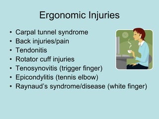 Ergonomic Injuries
• Carpal tunnel syndrome
• Back injuries/pain
• Tendonitis
• Rotator cuff injuries
• Tenosynovitis (tri...