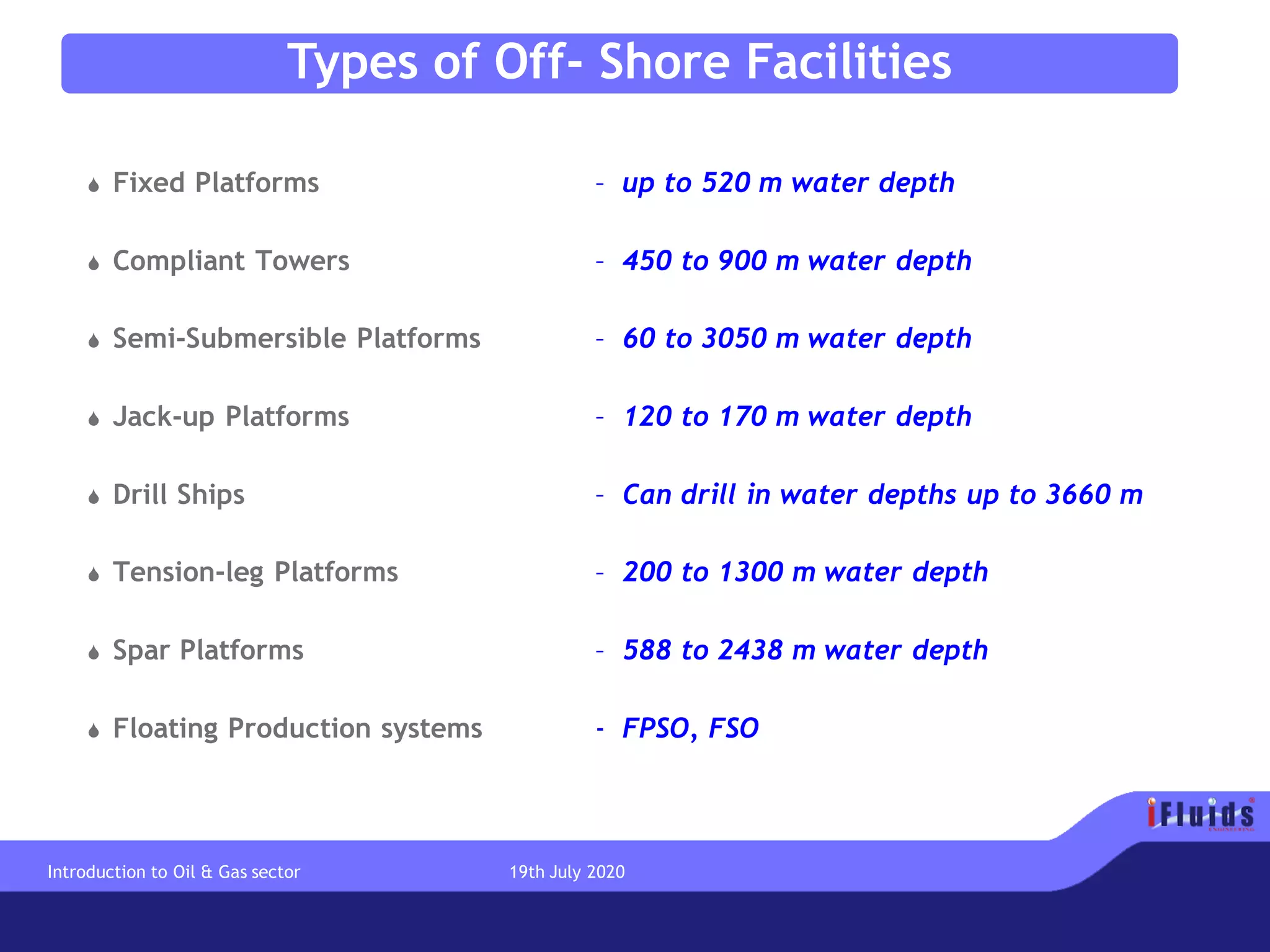 Types of Off- Shore Facilities
 Fixed Platforms – up to 520 m water depth
 Compliant Towers – 450 to 900 m water depth
 Semi-Submersible Platforms – 60 to 3050 m water depth
 Jack-up Platforms – 120 to 170 m water depth
 Drill Ships – Can drill in water depths up to 3660 m
 Tension-leg Platforms – 200 to 1300 m water depth
 Spar Platforms – 588 to 2438 m water depth
 Floating Production systems - FPSO, FSO
Introduction to Oil & Gas sector 19th July 2020
 