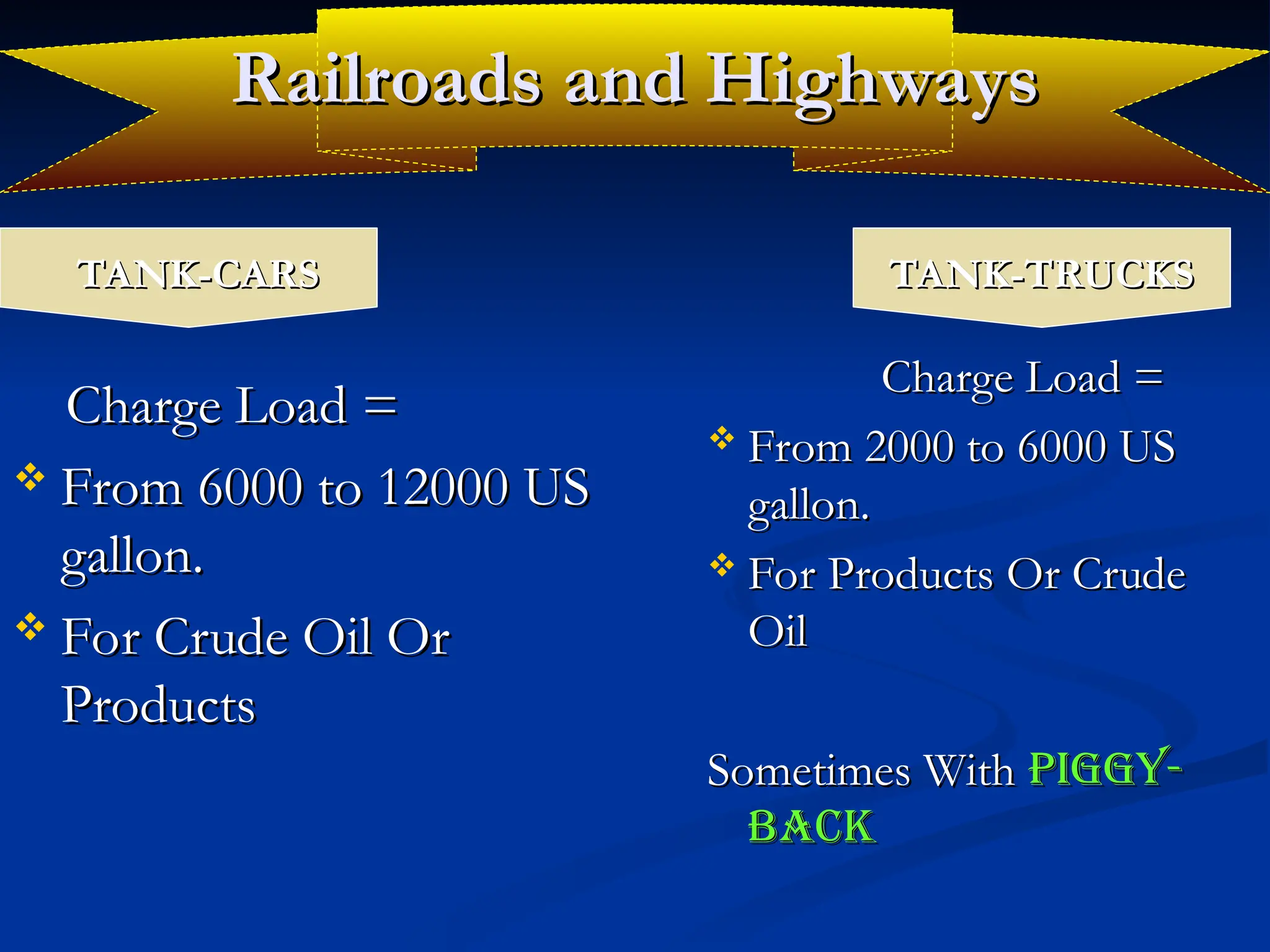 Railroads and Highways
Railroads and Highways
TANK-CARS
TANK-CARS
Charge Load =
Charge Load =
 From 6000 to 12000 US
From 6000 to 12000 US
gallon.
gallon.
 For Crude Oil Or
For Crude Oil Or
Products
Products
TANK-TRUCKS
TANK-TRUCKS
Charge Load =
Charge Load =
 From 2000 to 6000 US
From 2000 to 6000 US
gallon.
gallon.
 For Products Or Crude
For Products Or Crude
Oil
Oil
Sometimes With
Sometimes With Piggy-
Piggy-
Back
Back
 