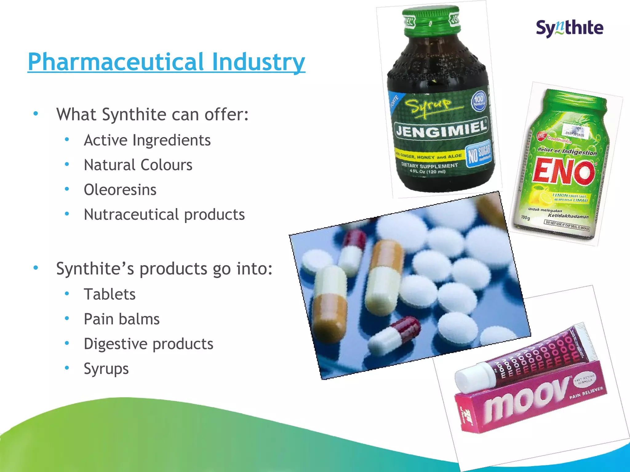 Pharmaceutical Industry 
• What Synthite can offer: 
• Active Ingredients 
• Natural Colours 
• Oleoresins 
• Nutraceutical products 
• Synthite’s products go into: 
• Tablets 
• Pain balms 
• Digestive products 
• Syrups 
© 2008 Synthite Industries 
11 
 