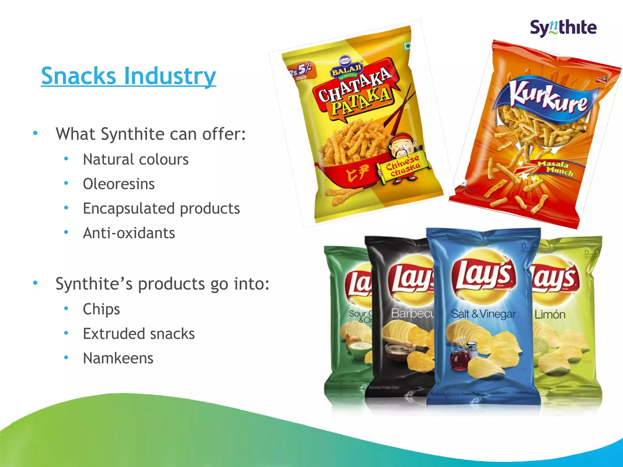 Snacks Industry 
• What Synthite can offer: 
• Natural colours 
• Oleoresins 
• Encapsulated products 
• Anti-oxidants 
• Synthite’s products go into: 
• Chips 
• Extruded snacks 
• Namkeens 
© 2008 Synthite Industries 
13 
 