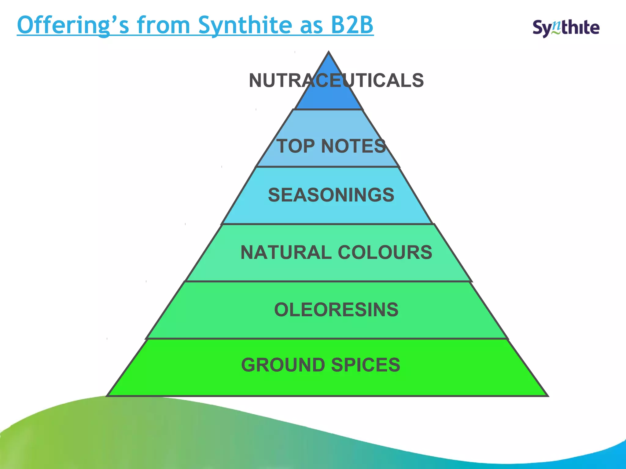 Offering’s from Synthite as B2B 
© 2008 Synthite Industries 
8 
NUTRACEUTICALS 
TOP NOTES 
SEASONINGS 
NATURAL COLOURS 
OLEORESINS 
GROUND SPICES 
 