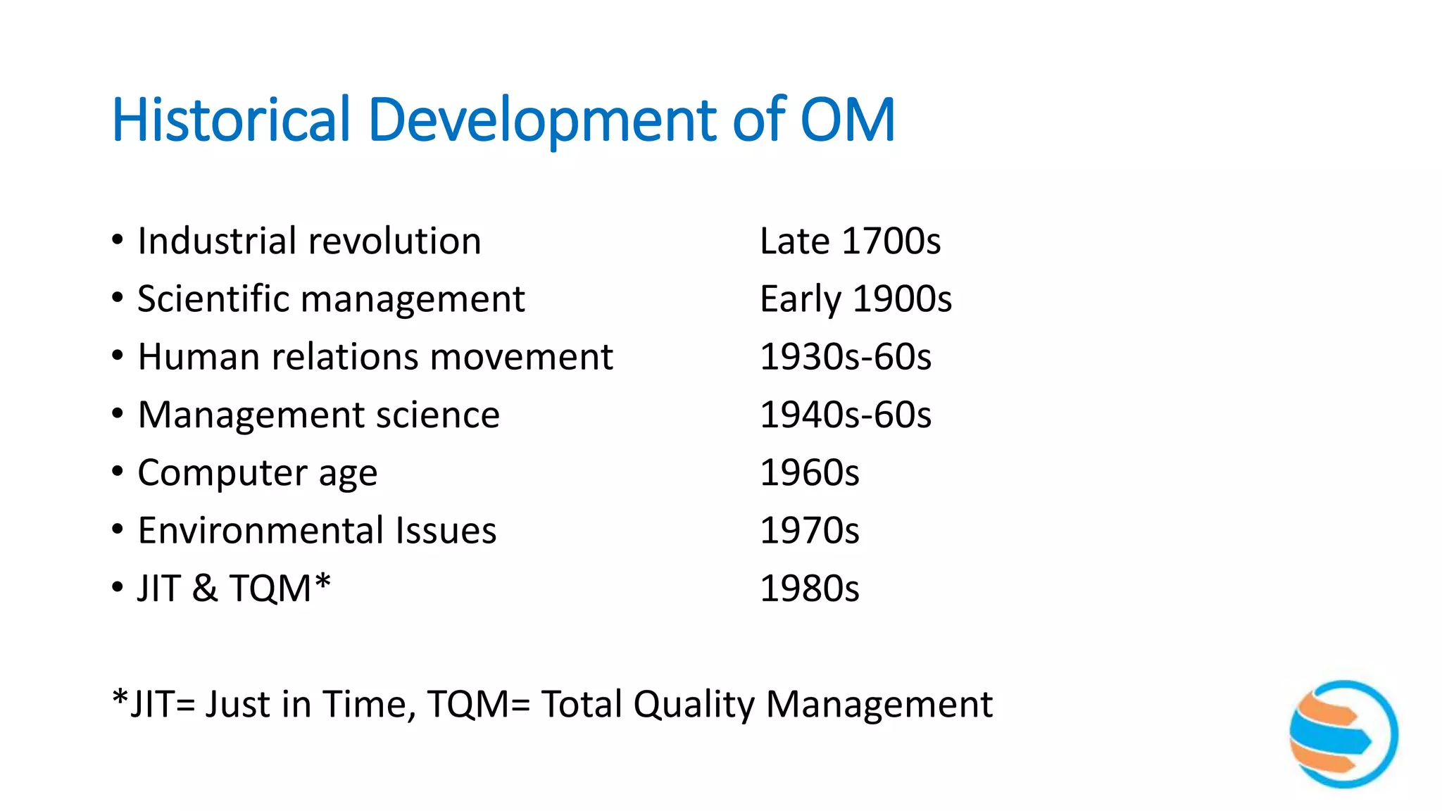 Historical Development of OM
• Industrial revolution Late 1700s
• Scientific management Early 1900s
• Human relations movement 1930s-60s
• Management science 1940s-60s
• Computer age 1960s
• Environmental Issues 1970s
• JIT & TQM* 1980s
*JIT= Just in Time, TQM= Total Quality Management
 