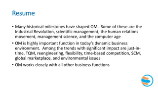 Resume
• Many historical milestones have shaped OM. Some of these are the
Industrial Revolution, scientific management, the human relations
movement, management science, and the computer age
• OM is highly important function in today’s dynamic business
environment. Among the trends with significant impact are just-in-
time, TQM, reengineering, flexibility, time-based competition, SCM,
global marketplace, and environmental issues
• OM works closely with all other business functions
 