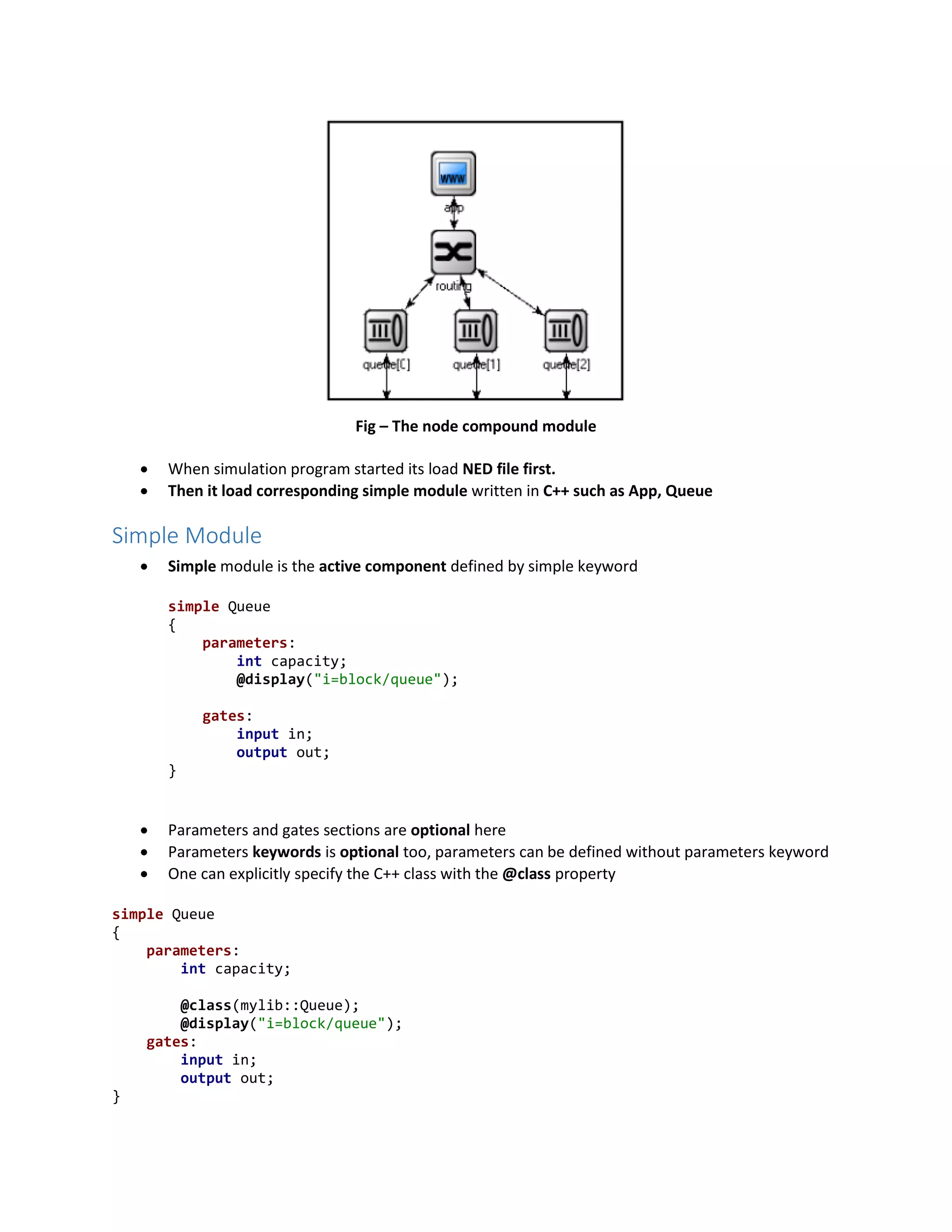 Fig – The node compound module
 When simulation program started its load NED file first.
 Then it load corresponding simple module written in C++ such as App, Queue
Simple Module
 Simple module is the active component defined by simple keyword
simple Queue
{
parameters:
int capacity;
@display("i=block/queue");
gates:
input in;
output out;
}
 Parameters and gates sections are optional here
 Parameters keywords is optional too, parameters can be defined without parameters keyword
 One can explicitly specify the C++ class with the @class property
simple Queue
{
parameters:
int capacity;
@class(mylib::Queue);
@display("i=block/queue");
gates:
input in;
output out;
}
 