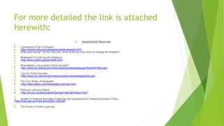 For more detailed the link is attached
herewith:
 Supplemental Resources

 Confessions of an E-Dropout
 (http://edweb.sdsu.edu/people/arossett/viewpoint.htm)
 What went wrong? As the instructor, what could you have done to change the situation?

 Strategies for Learning at a Distance
 (http://www.uidaho.edu/eo/dist8.html)

 What Makes a Successful Online Student?
 (http://www.ion.uillinois.edu/resources/tutorials/pedagogy/StudentProfile.asp)

 Tips for Online Success
 (http://www.ion.uillinois.edu/resources/tutorials/pedagogy/tips.asp)

 The Core Rules of Netiquette
 (http://www.albion.com/netiquette/corerules.html)

 Distance Learning History
 (http://iml.jou.ufl.edu/projects/Spring01/deClair/history.html)

 Growth in Distance Education Programs and Implications for Federal Education Policy
(http://www.gao.gov/new.items/d021125t.pdf)

 The Future of Online Learning
 