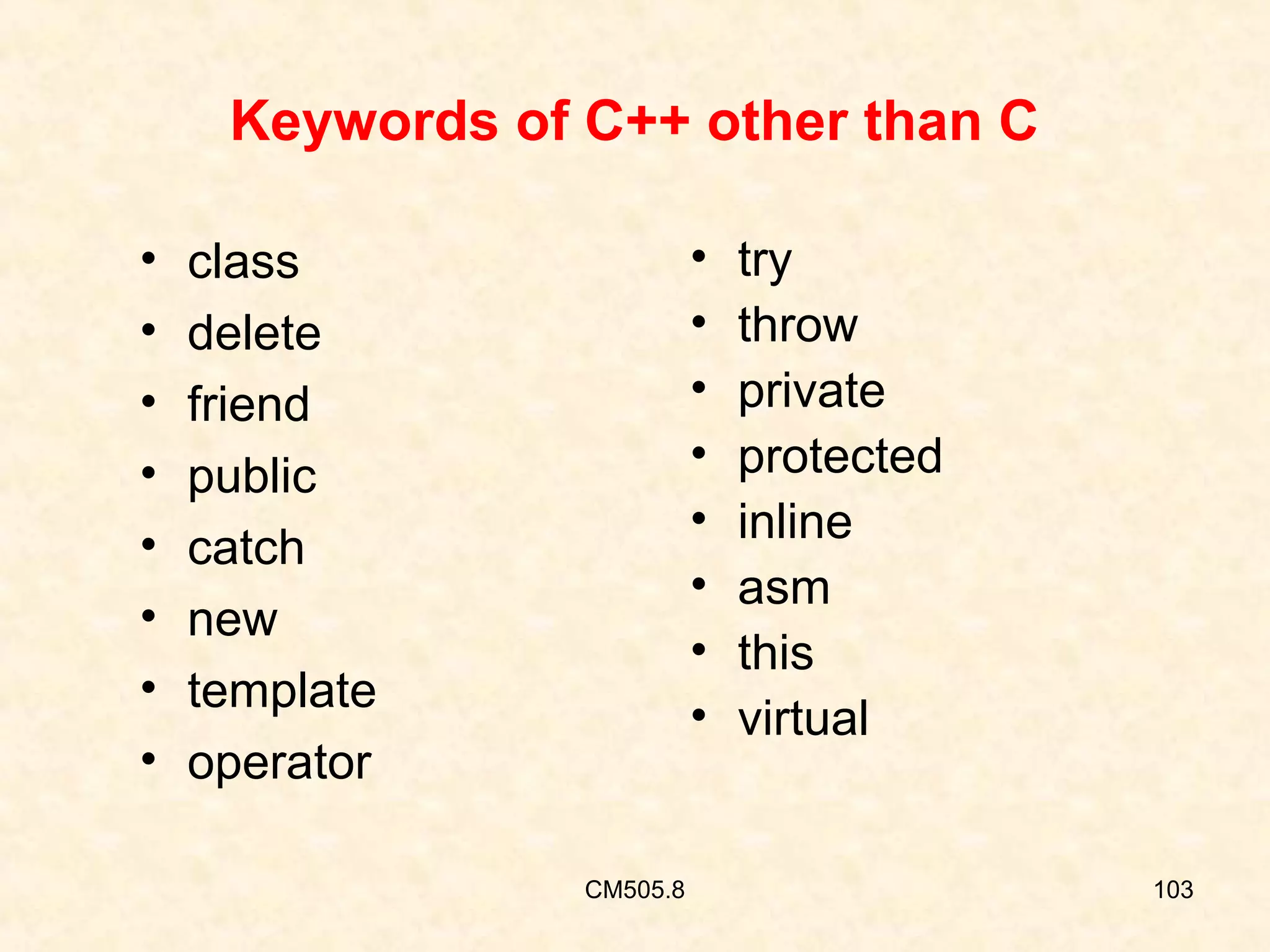 Keywords of C++ other than C
•
•
•
•
•
•
•
•

•
•
•
•
•
•
•
•

class
delete
friend
public
catch
new
template
operator
CM505.8

try
throw
private
protected
inline
asm
this
virtual

103

 