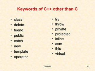 Keywords of C++ other than C
•
•
•
•
•
•
•
•

•
•
•
•
•
•
•
•

class
delete
friend
public
catch
new
template
operator
CM505.8

try
throw
private
protected
inline
asm
this
virtual

103

 
