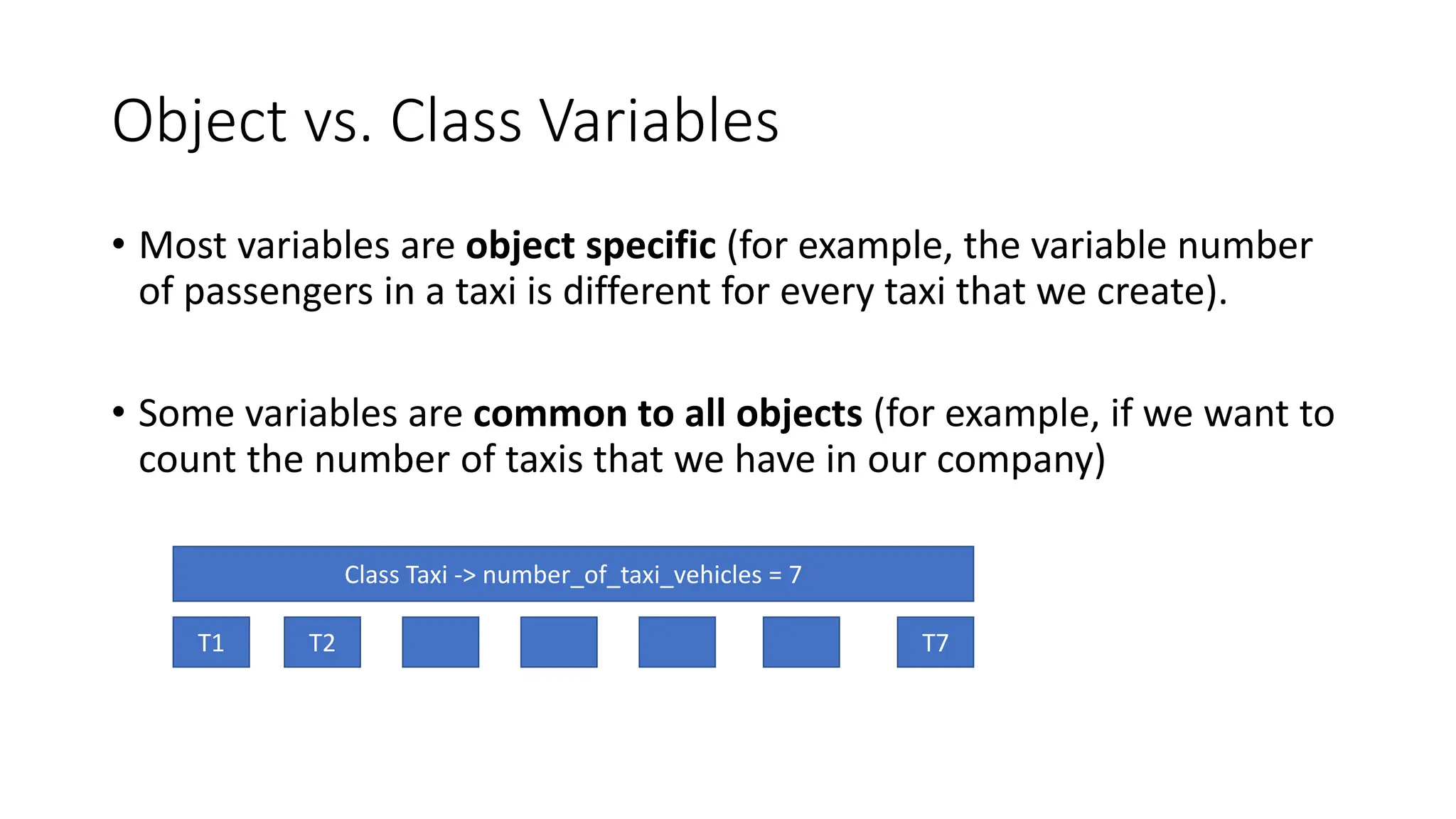 Object vs. Class Variables
• Most variables are object specific (for example, the variable number
of passengers in a taxi is different for every taxi that we create).
• Some variables are common to all objects (for example, if we want to
count the number of taxis that we have in our company)
T1 T2 T7
Class Taxi -> number_of_taxi_vehicles = 7
 