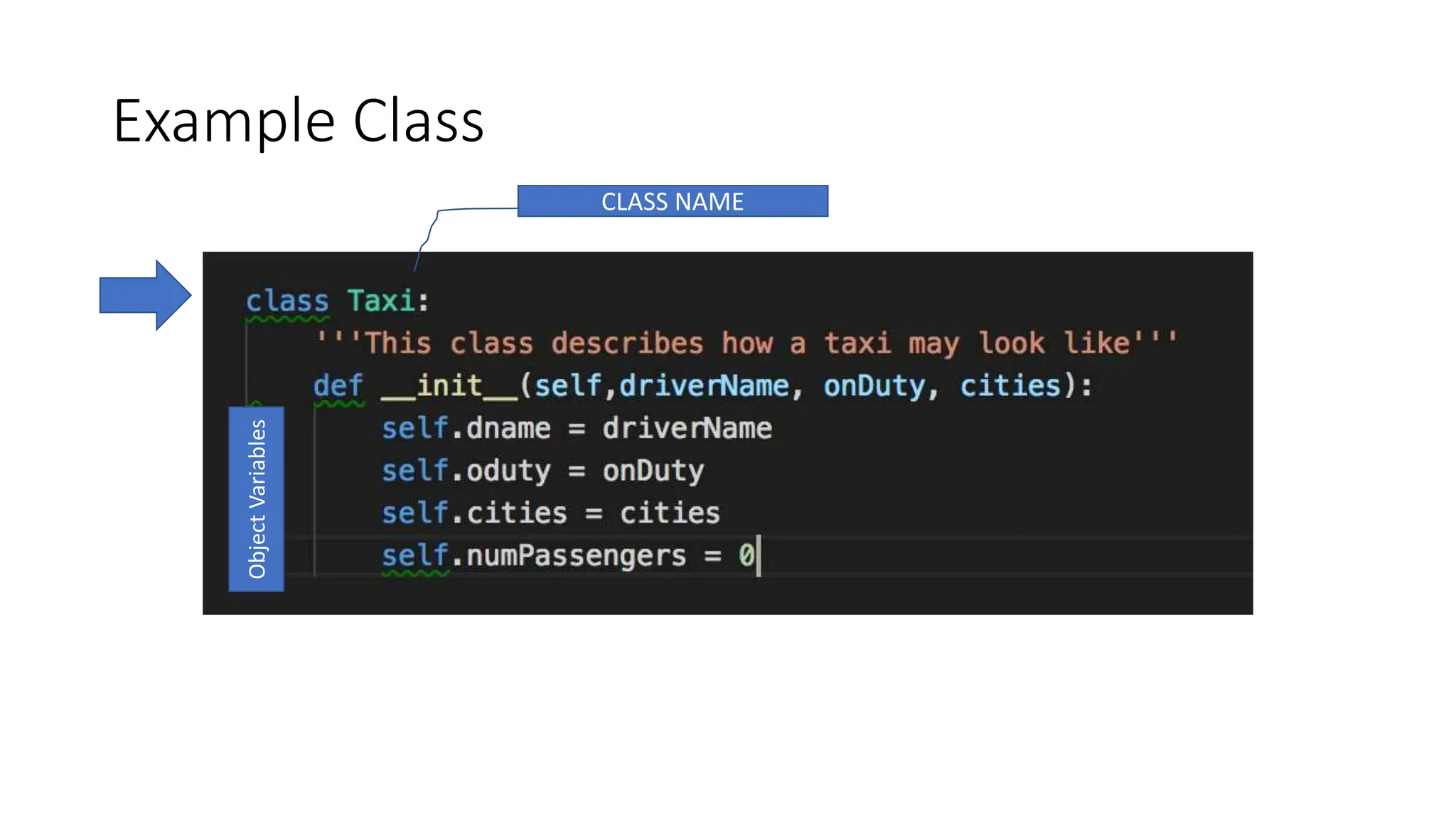 Example Class
CLASS NAME
Object
Variables
 