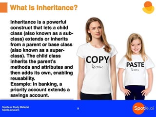 Spotle.ai Study Material
Spotle.ai/Learn
What Is Inheritance?
Inheritance is a powerful
construct that lets a child
class (also known as a sub-
class) extends or inherits
from a parent or base class
(also known as a super-
class). The child class
inherits the parent’s
methods and attributes and
then adds its own, enabling
reusability.
Example: In banking, a
priority account extends a
savings account.
9
 