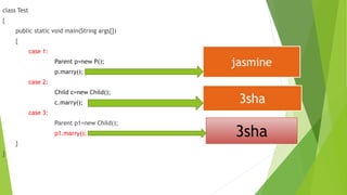 class Test
{
public static void main(String args[])
{
case 1:
Parent p=new P();
p.marry();
case 2:
Child c=new Child();
c.marry();
case 3:
Parent p1=new Child();
p1.marry();
}
}
jasmine
3sha
3sha
 