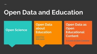 Open Data and Education
Open Data as
Open
Educational
Content
A scuola di Open Coesione
Open Science
Open Data
about
Education
OpenTesi
Skill route
 