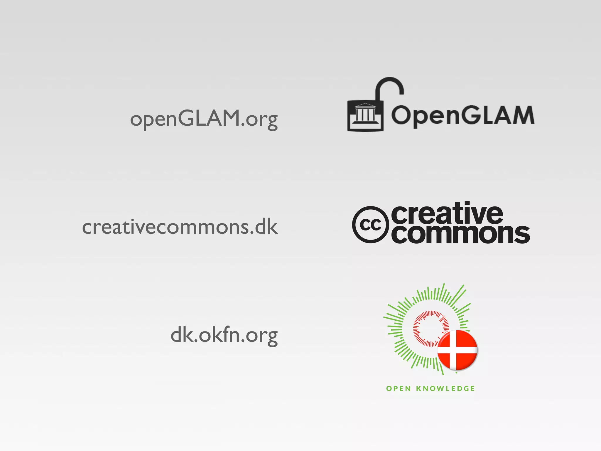 openGLAM.org 
creativecommons.dk 
dk.okfn.org 
 