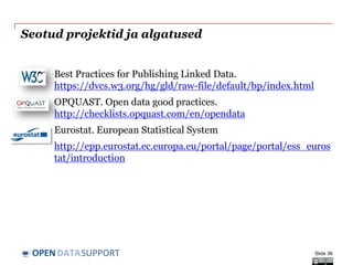 DATASUPPORTOPEN
Seotud projektid ja algatused
Best Practices for Publishing Linked Data.
https://dvcs.w3.org/hg/gld/raw-file/default/bp/index.html
OPQUAST. Open data good practices.
http://checklists.opquast.com/en/opendata
Eurostat. European Statistical System
http://epp.eurostat.ec.europa.eu/portal/page/portal/ess_euros
tat/introduction
Slide 36
 