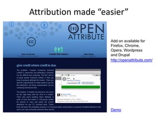 Attribution made “easier”

                    Add on available for
                    Firefox, Chrome,
                    Opera, Wordpress
                    and Drupal
                    http://openattribute.com/




                    Demo
 