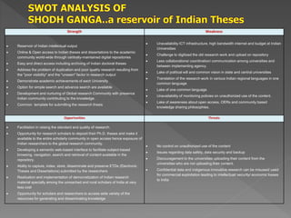 Strength Weakness
 Reservoir of Indian intellectual output
 Online & Open access to Indian theses and dissertations to the academic
community world-wide through centrally-maintained digital repositories
 Easy and direct access including archiving of Indian doctoral theses
 Address the problem of duplication and poor quality research resulting from
the "poor visibility" and the "unseen" factor in research output
 Demonstrate academic achievements of each University
 Option for simple search and advance search are available
 Development and nurturing of Global research Community with presence
Indian community contributing to the knowledge.
 Common template for submitting the research thesis
 Unavailability ICT infrastructure, high bandwidth internet and budget at Indian
Universities
 Challenge to digitized the old research work and upload on repository
 Less collaborations/ coordination/ communication among universities and
between implementing agency.
 Lake of political will and common vision in state and central universities
 Translation of the research work in various Indian regional languages in one
common language
 Lake of one common language
 Unavailability of monitoring policies on unauthorized use of the content.
 Lake of awareness about open access, OERs and community based
knowledge sharing philosophies.
Opportunities Threats
 Facilitation in raising the standard and quality of research.
 Opportunity for research scholars to deposit their Ph.D. theses and make it
available to the entire scholarly community in open access hence exposure of
Indian researchers to the global research community.
 Developing a semantic web-based interface to facilitate subject-based
browsing, navigation, search and retrieval of content available in the
repository.
 Ability to capture, index, store, disseminate and preserve ETDs (Electronic
Theses and Dissertations) submitted by the researchers
 Realization and implementation of democratization of Indian research
material specially among the unreached and rural scholars of India at very
less cost
 Opportunity for scholars and researchers to access wide variety of the
resources for generating and disseminating knowledge
 No control on unauthorized use of the content
 Issues regarding data safety, data security and backup
 Discouragement to the universities uploading their content from the
universities who are not uploading their content.
 Confidential data and indigenous innovative research can be misused/ used
for commercial exploitation leading to intellectual/ security/ economic losses
to India
 