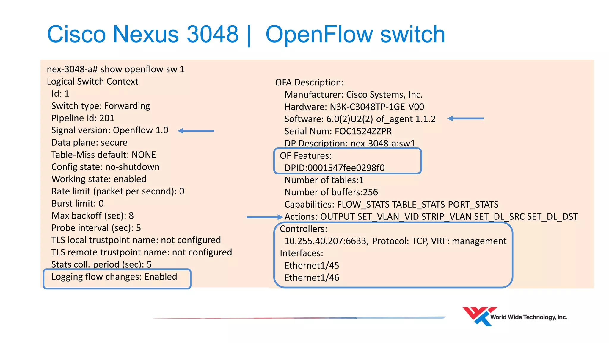 Cisco Nexus 3048 | OpenFlow switch 
nex-3048-a# show openflow sw 1 
Logical Switch Context 
Id: 1 
Switch type: Forwarding 
Pipeline id: 201 
Signal version: Openflow 1.0 
Data plane: secure 
Table-Miss default: NONE 
Config state: no-shutdown 
Working state: enabled 
Rate limit (packet per second): 0 
Burst limit: 0 
Max backoff (sec): 8 
Probe interval (sec): 5 
TLS local trustpoint name: not configured 
TLS remote trustpoint name: not configured 
Stats coll. period (sec): 5 
Logging flow changes: Enabled 
OFA Description: Manufacturer: Cisco Systems, Inc. Hardware: N3K-C3048TP-1GE V00 Software: 6.0(2)U2(2) of_agent 1.1.2 Serial Num: FOC1524ZZPR DP Description: nex-3048-a:sw1 OF Features: DPID:0001547fee0298f0 Number of tables:1 Number of buffers:256 Capabilities: FLOW_STATS TABLE_STATS PORT_STATS Actions: OUTPUT SET_VLAN_VID STRIP_VLAN SET_DL_SRC SET_DL_DST Controllers: 10.255.40.207:6633, Protocol: TCP, VRF: management Interfaces: Ethernet1/45 Ethernet1/46  