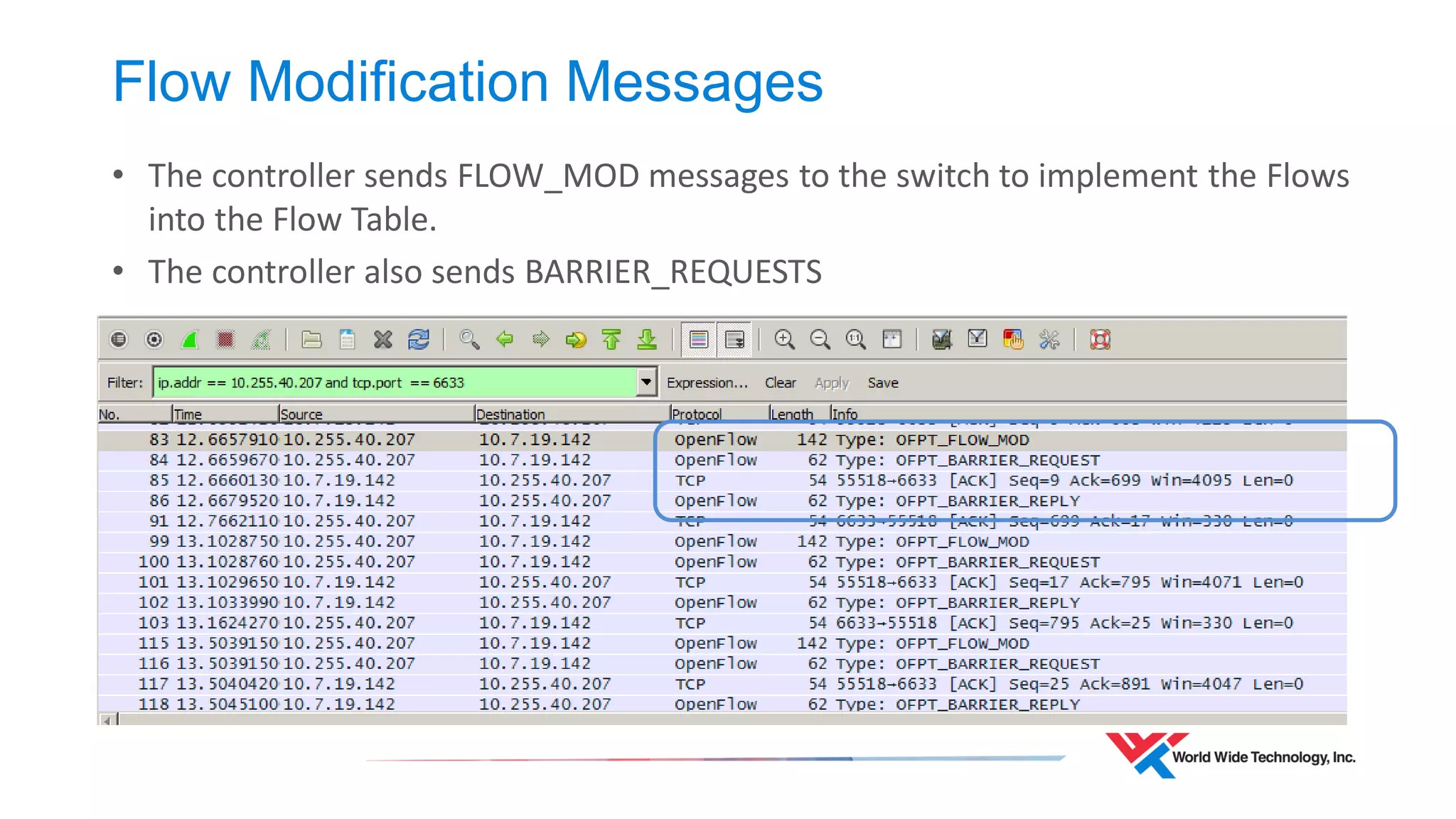 Flow Modification Messages 
•The controller sends FLOW_MOD messages to the switch to implement the Flows into the Flow Table. 
•The controller also sends BARRIER_REQUESTS  