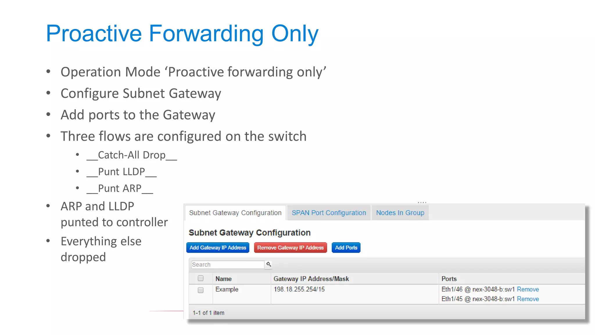 Proactive Forwarding Only 
•Operation Mode ‘Proactive forwarding only’ 
•Configure Subnet Gateway 
•Add ports to the Gateway 
•Three flows are configured on the switch 
•__Catch-All Drop__ 
•__Punt LLDP__ 
•__Punt ARP__ 
•ARP and LLDP punted to controller 
•Everything else dropped  