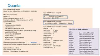 Quanta 
QAU-3048-A> show version UBoot Version: U-Boot 2010.12 (Oct 09 2013 - 09:12:45) Manufacturer: Quanta Model: LY2 Platform: powerpc-quanta-ly2-r0 Description: Quanta LY2 (powerpc-quanta-ly2-r0) System Information: Card Type: 1 Hardware Version: 196608 Label Version: 1 MAC Address: 08:9e:01:f8:59:84 Manufactured Date: Fri, 18 Oct 2013 00:00:00 +0000 Model: QUANTA LY2 Part Number: 1LY2BZZ000R Product Name: LY2 Serial Number: QTFCEA3440003 Software Version: 61953 … Software Image Version: SwitchLight 2.1.1 Internal Build Version: (powerpc.release,qct,2014.05.07.15.58,...) Uptime is 66 days, 4:02:52 Load average: 0.06 0.10 0.13 Memory: 1751832 kB of 2073048 kB free 
QAU-3048-A> show datapath 
datapath: 
id 00:00:5c:16:c7:1a:ec:72 
description QUA-3048-A 
QAU-3048-A> show controller 
10.255.138.11:6653 CONNECTED EQUAL 
QAU-3048-A> show flowtable summary 
table id 0 
table name L2 Table 
max entries 131008 
active entries 0 
lookup count - 
matched count - 
table id 1 
table name Full Match Table 
max entries 1020 
active entries 0 
lookup count 7363784235 
matched count 0 
QAU-3048-A> show flowtable 
<cr> 
detail Show detailed flow table 
dst-ip Filter on destination IP 
dst-ip6 Filter on destination IPv6 
dst-mac Filter on destination MAC 
in-port Filter on input port 
out-port Filter on output port 
src-ip Filter on source IP 
src-ip6 Filter on source IPv6 
src-mac Filter on source MAC 
summary Show the flow table summary 
table-id Filter on table identifier 
vlan-id Filter on VLAN identifier  