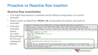 Proactive vs Reactive flow insertion 
Reactive flow instantiation 
•If no match flow element is available and the default configuration is to send to controller 
•Switch creates an OpenFlow PACKET_IN, encapsulates the packet, and sends to controller 
•Controller evaluates packet, can inject flow elements for this and subsequent packets 
 