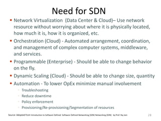 Need for SDN
 Network Virtualization (Data Center & Cloud)– Use network
resource without worrying about where it is physically located,
how much it is, how it is organized, etc.
 Orchestration (Cloud) - Automated arrangement, coordination,
and management of complex computer systems, middleware,
and services.
 Programmable (Enterprise) - Should be able to change behavior
on the fly.
 Dynamic Scaling (Cloud) - Should be able to change size, quantity
 Automation - To lower OpEx minimize manual involvement
 Troubleshooting
 Reduce downtime
 Policy enforcement
 Provisioning/Re-provisioning/Segmentation of resources
28Source: Adopted from Introduction to Software Defined Software Defined Networking (SDN) Networking (SDN) by Prof. Raj Jain
 