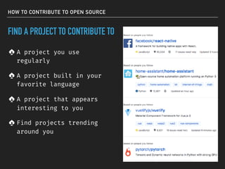 HOW TO CONTRIBUTE TO OPEN SOURCE
FIND A PROJECT TO CONTRIBUTE TO
A project you use
regularly
A project built in your
favor...