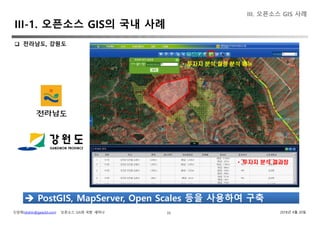신상희(shshin@gaia3d.com) ‘오픈소스 GIS와 국방’ 세미나 2018년 4월 20일33
 전라남도, 강원도
PostGIS, MapServer, Open Scales 등을 사용하여 구축 PostGIS, MapServer, Open Scales 등을 사용하여 구축
• 투자지 분석 설정 분석 메뉴
• 투자지 분석 결과창
III. 오픈소스 GIS 사례
III-1. 오픈소스 GIS의 국내 사례
 