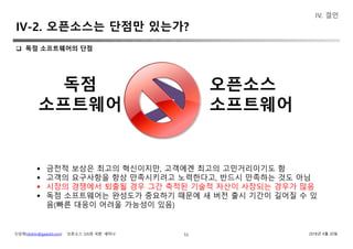 신상희(shshin@gaia3d.com) ‘오픈소스 GIS와 국방’ 세미나 2018년 4월 20일53
 독점 소프트웨어의 단점
독점
소프트웨어
오픈소스
소프트웨어
 금전적 보상은 최고의 혁신이지만, 고객에겐 최고의 고민거리이기도 함
 고객의 요구사항을 항상 만족시키려고 노력한다고, 반드시 만족하는 것도 아님
 시장의 경쟁에서 퇴출될 경우 그간 축적된 기술적 자산이 사장되는 경우가 많음
 독점 소프트웨어는 완성도가 중요하기 때문에 새 버전 출시 기간이 길어질 수 있
음(빠른 대응이 어려울 가능성이 있음)
IV-2. 오픈소스는 단점만 있는가?
IV. 결언
 