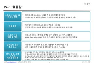 신상희(shshin@gaia3d.com) ‘오픈소스 GIS와 국방’ 세미나 2018년 4월 20일54
IV-3. 맺음말
IV. 결언
오픈소스 GIS에 대
한 인식 전환
 최근의 오픈소스 GIS는 상업용 독점 소프트웨어에 비견됨
 전 세계적으로 오픈소스 GIS는 다양한 분야에서 활발하게 활용되고 있음
비용 절감
새로운 시장
창출 및 대응
공개되어 있는
소스 코드
선택, 집중, 공생
그리고
새로운 생태계
 커뮤니티 버전의 오픈소스 GIS는 무료로 사용 가능
 상업적 오픈소스 GIS를 활용해도 독점 소프트웨어에 비해 매우 저렴
 오픈소스 GIS는 시장 진입 장벽을 낮춰 창업 및 신규 서비스 활성화
 World Bank, ADB, UNDP 등의 많은 사업이 오픈소스 GIS 기반으로 발주됨
 사용자의 목적에 맞게 소스 코드 레벨에서 커스터마이징 가능
 성공 사례의 빠른 재활용을 통한 세계적 수준의 기술 확보
 성숙 기술로 간주되는 분야에서는 과감하게 오픈소스 GIS를 활용
 독점 소프트웨어는 오픈소스가 효용을 제공하기 힘든 분야에서 특화 기술과 가치 제공
 오픈소스와 독점 소프트웨어에 대한 이분법적 구분을 탈피하여 양자의 장점을 극대화할 수 있는 새로운 생
태계 조성 필요. 오픈소스와 독점 소프트웨어는 동시 사용 가능
 오픈소스 GIS를 독점 소프트웨어의 대체재가 아닌 보완재로 인식할 필요
 