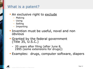 What is a patent? An exclusive right to  exclude Making Using Selling Importing Invention must be useful, novel and non obvious Granted by the federal government  (Title 35, U.S.C.) -  20 years after filing (after June 8,   1995 (some extensions for drugs)) Examples:  drugs, computer software, diapers 