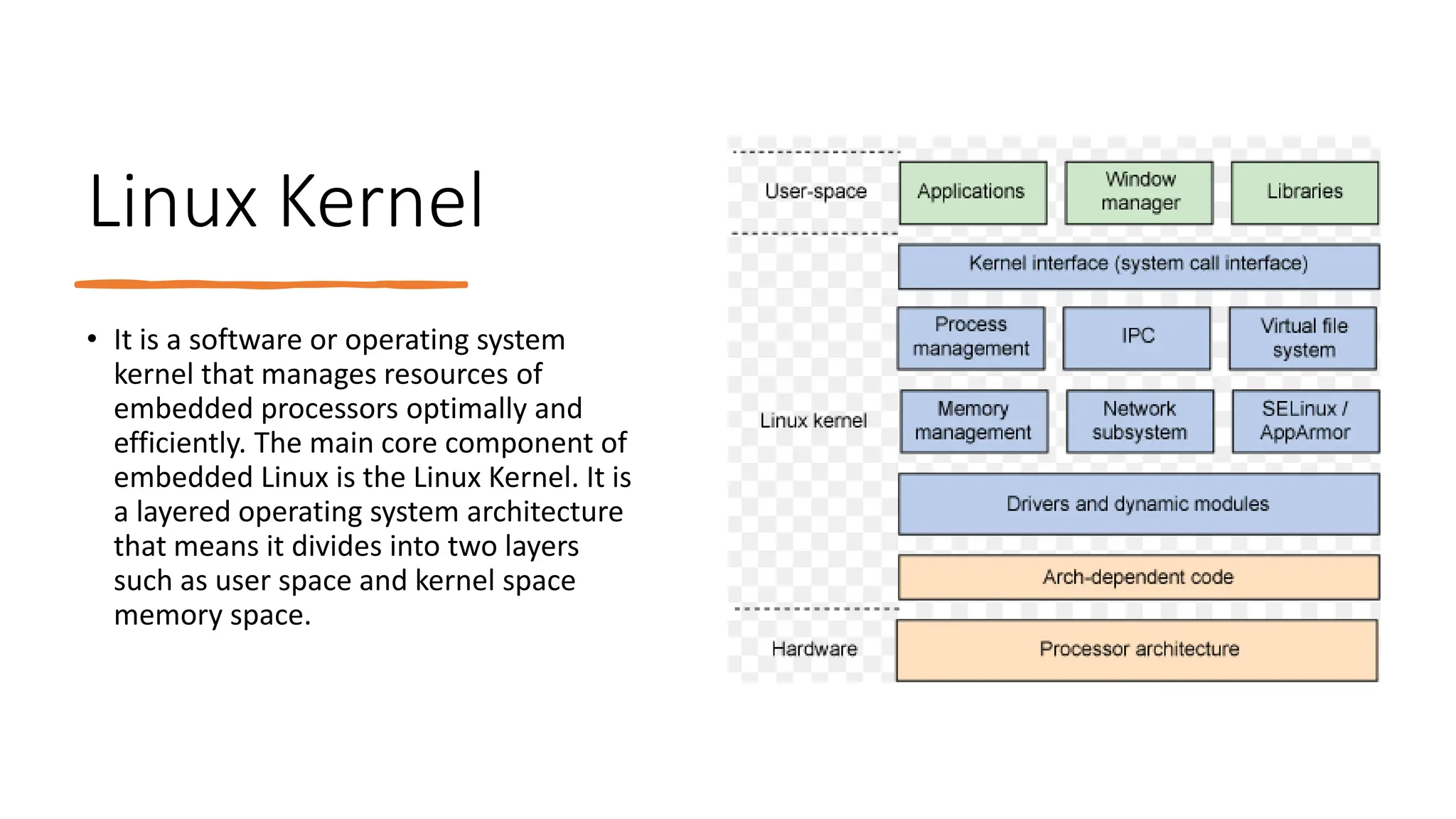 Linux Kernel
• It is a software or operating system
kernel that manages resources of
embedded processors optimally and
efficiently. The main core component of
embedded Linux is the Linux Kernel. It is
a layered operating system architecture
that means it divides into two layers
such as user space and kernel space
memory space.
 