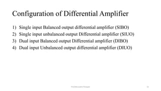Configuration of Differential Amplifier
1) Single input Balanced output differential amplifier (SIBO)
2) Single input unbalanced output Differential amplifier (SIUO)
3) Dual input Balanced output Differential amplifier (DIBO)
4) Dual input Unbalanced output differential amplifier (DIUO)
Prof.Mrunalini Pimpale 15
 
