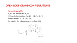OPEN-LOOP OPAMP CONFIGURATIONS
• Noninverting amplifier
• V2 = 0 . For ideal op-amp, V1 = Vs
• Differential input voltage : Vd = (V1 – V2) = Vs – 0 = Vs
• Output voltage : VO = AV x Vd = AvVs
• No negative sign indicates absence of phase shift
Prof.Mrunalini Pimpale 64
 