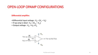 OPEN-LOOP OPAMP CONFIGURATIONS
Differential amplifier.
•Differential input voltage : Vd = (V1 – V2)
• If op-amp is ideal : Vd = (Vs2 – Vs1)
• Output voltage : VO = AV x Vd
Prof.Mrunalini Pimpale 65
 